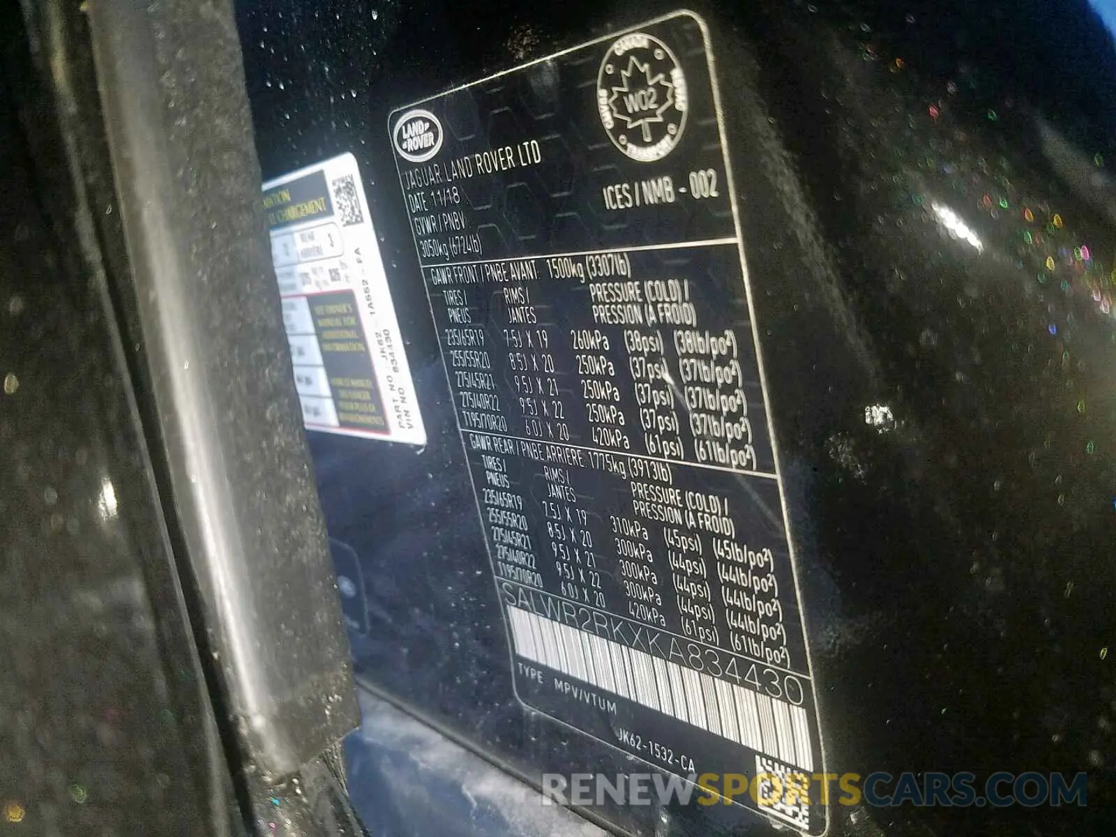10 Photograph of a damaged car SALWR2RKXKA834430 LAND ROVER RANGE ROVE 2019
