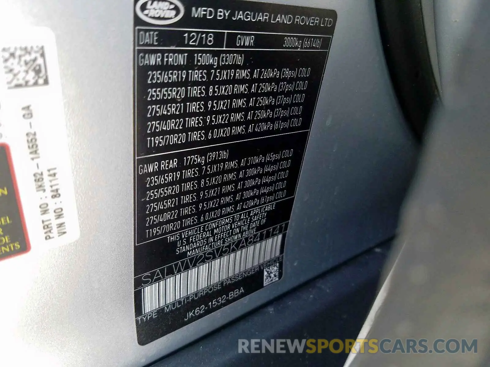 10 Photograph of a damaged car SALWV2SV5KA841141 LAND ROVER RANGE ROVE 2019