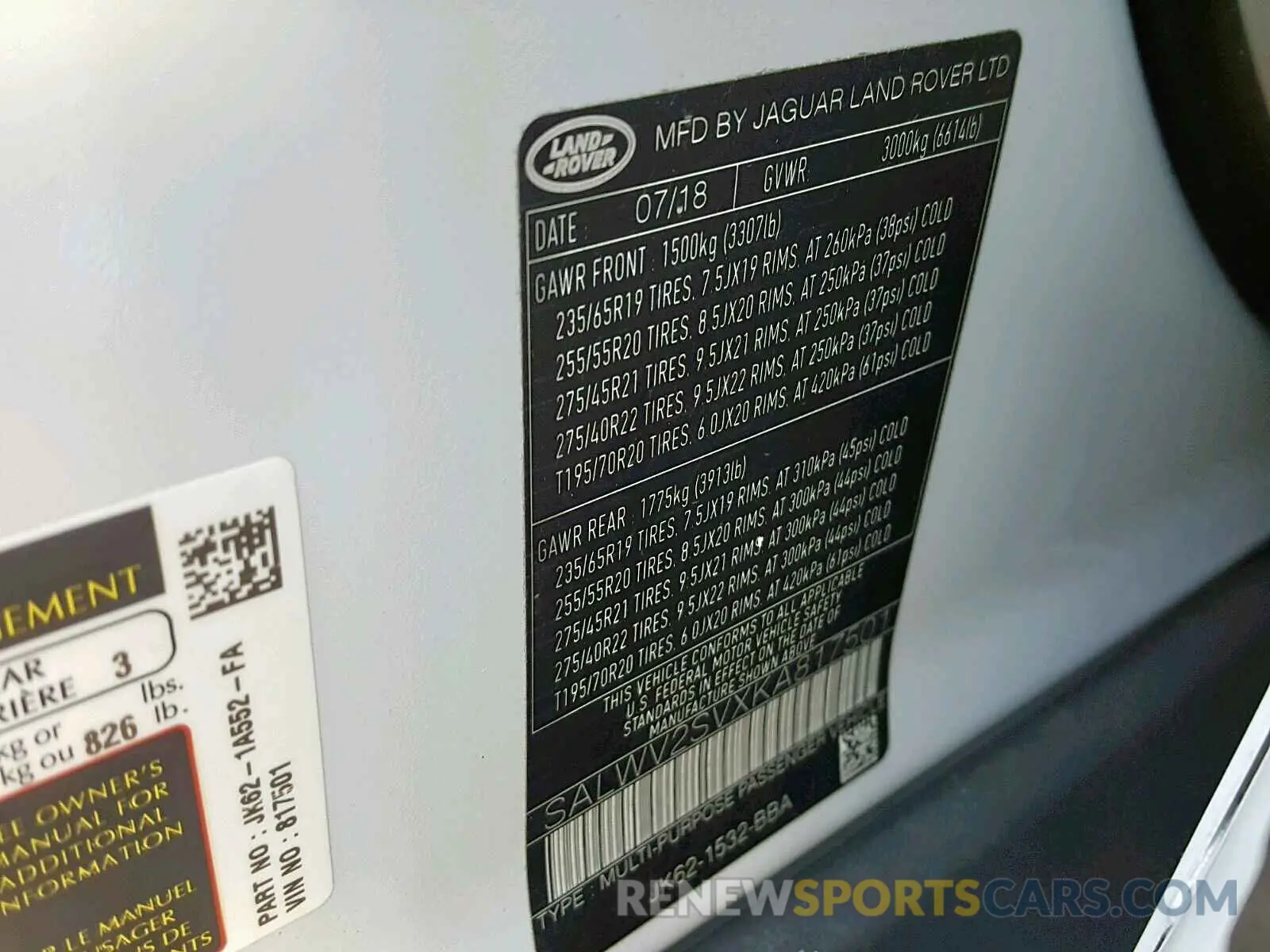 10 Photograph of a damaged car SALWV2SVXKA817501 LAND ROVER RANGE ROVE 2019