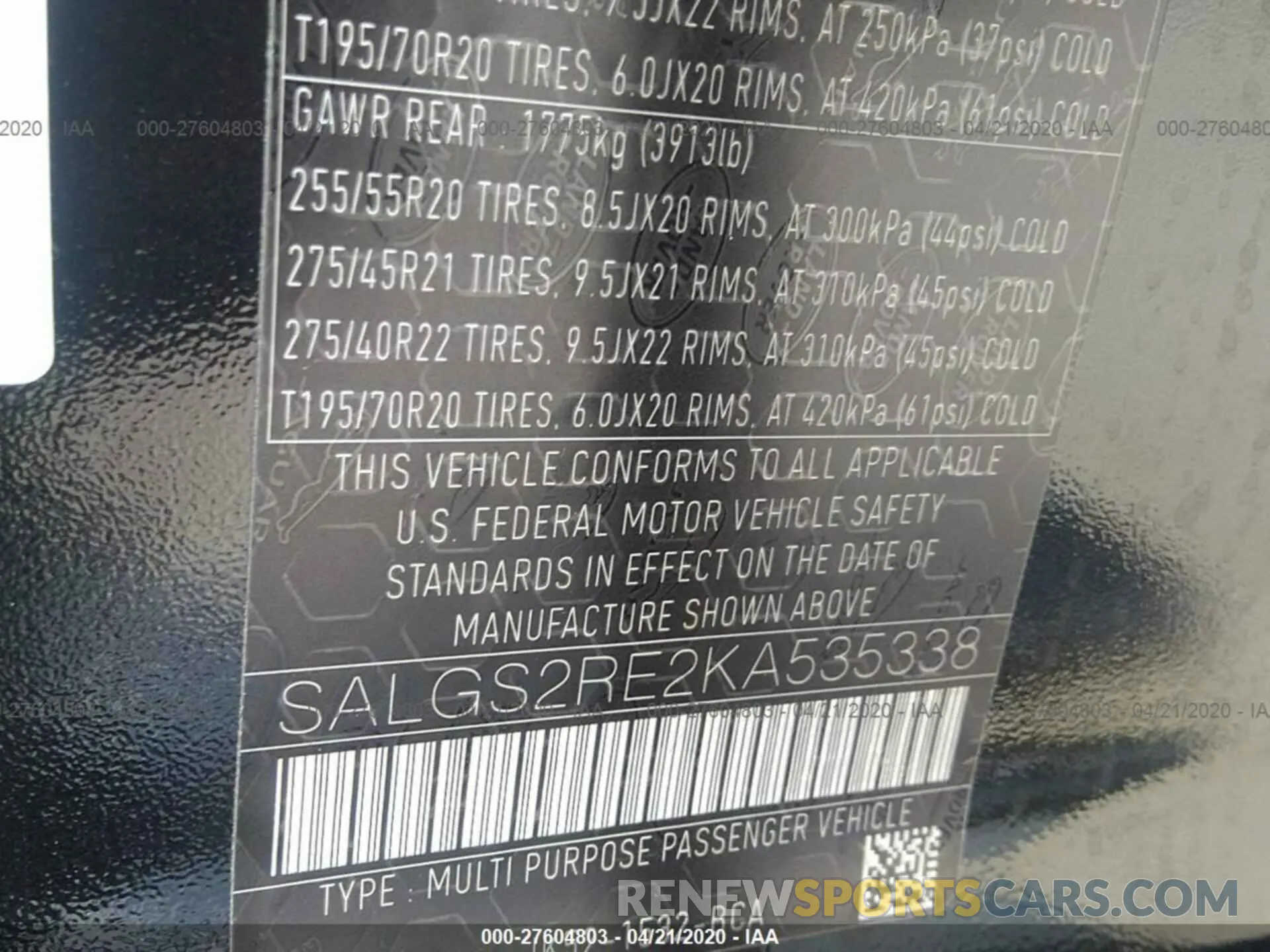 9 Photograph of a damaged car SALGS2RE2KA535338 LAND ROVER RANGE ROVER 2019