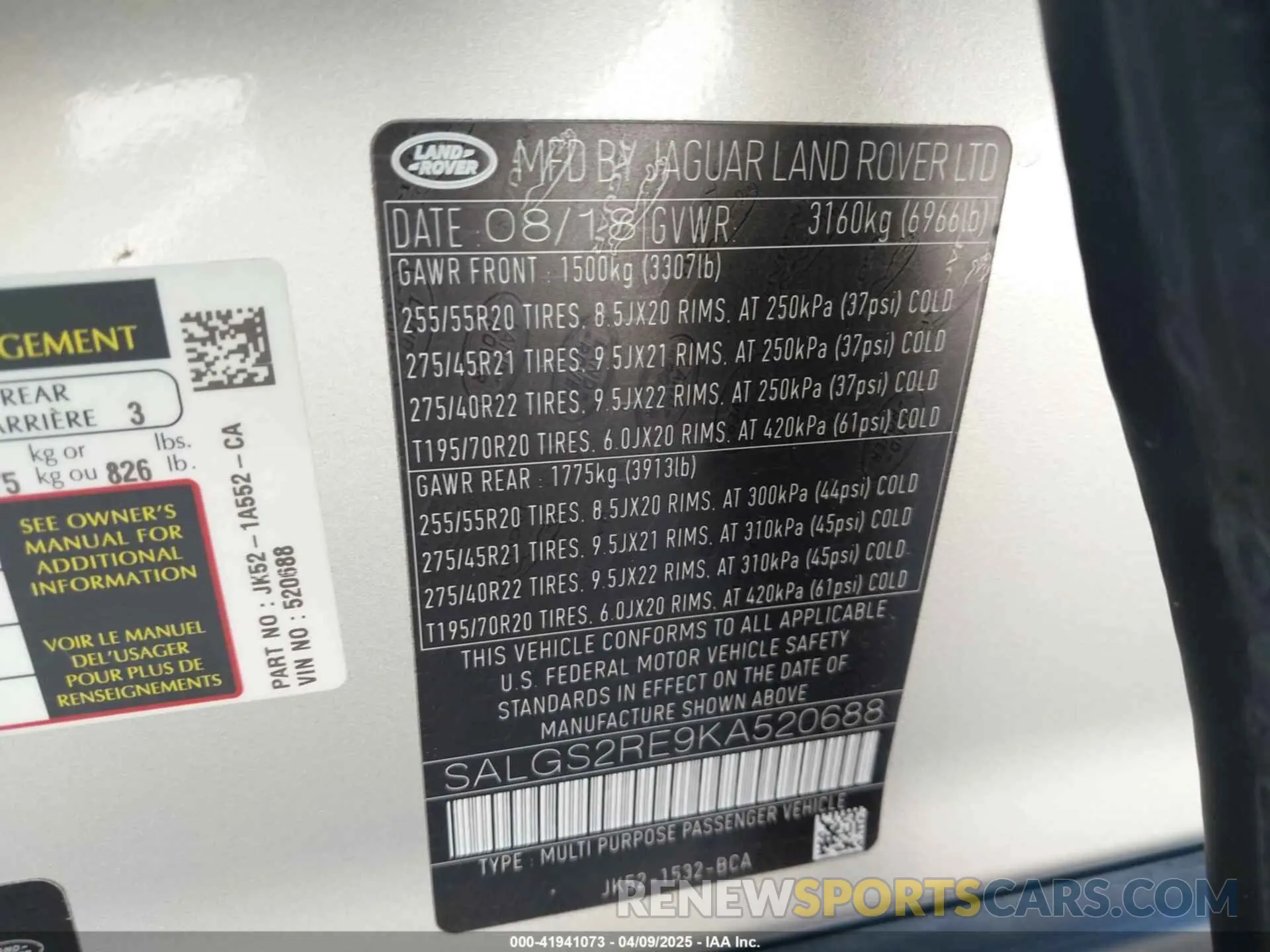 9 Photograph of a damaged car SALGS2RE9KA520688 LAND ROVER RANGE ROVER 2019
