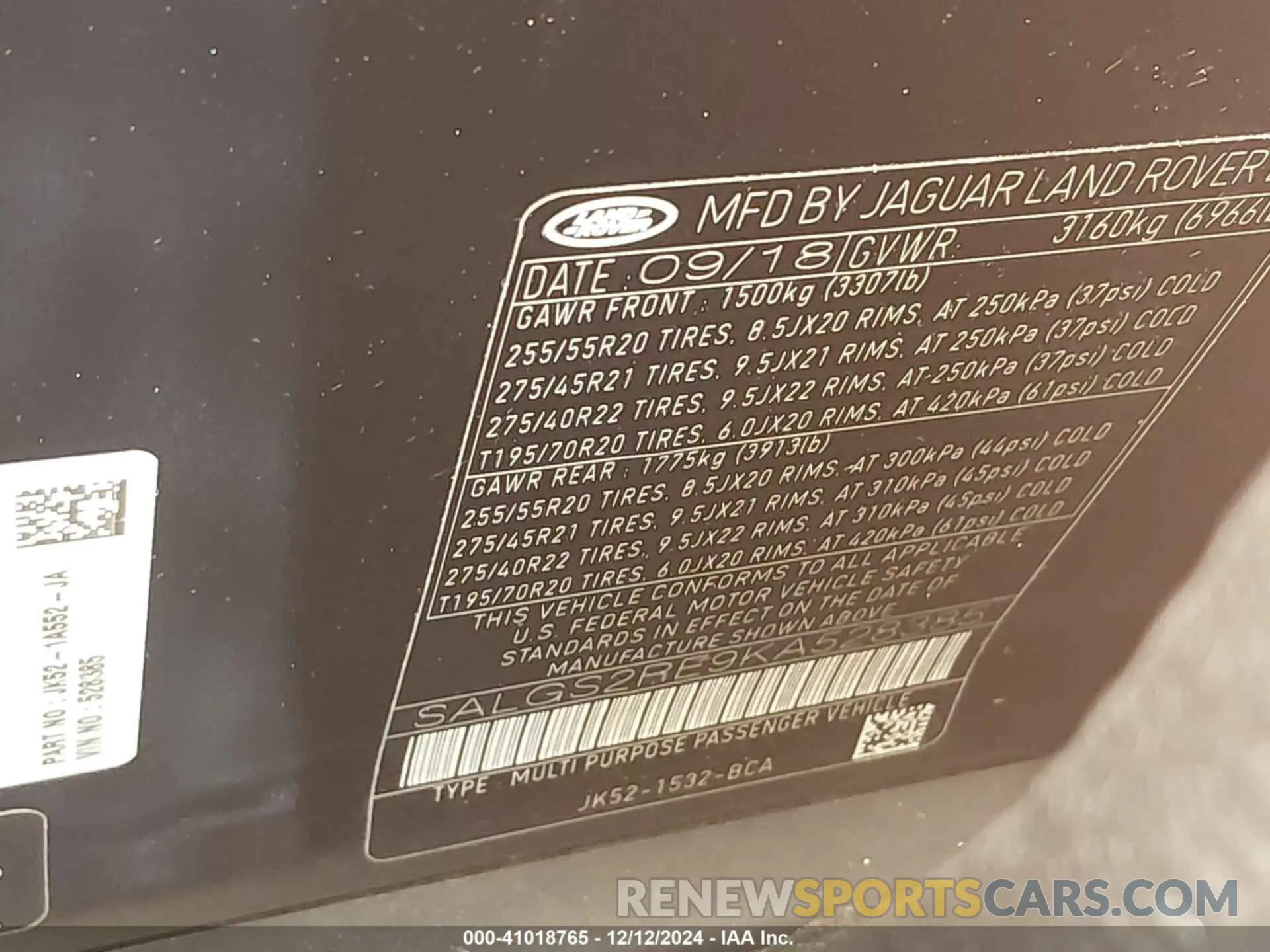 9 Photograph of a damaged car SALGS2RE9KA528385 LAND ROVER RANGE ROVER 2019