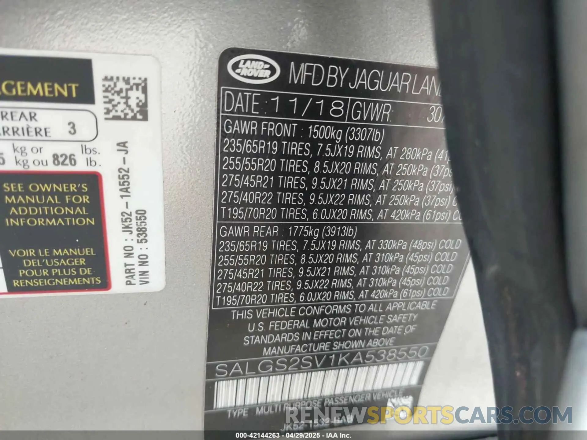 9 Фотография поврежденного автомобиля SALGS2SV1KA538550 LAND ROVER RANGE ROVER 2019