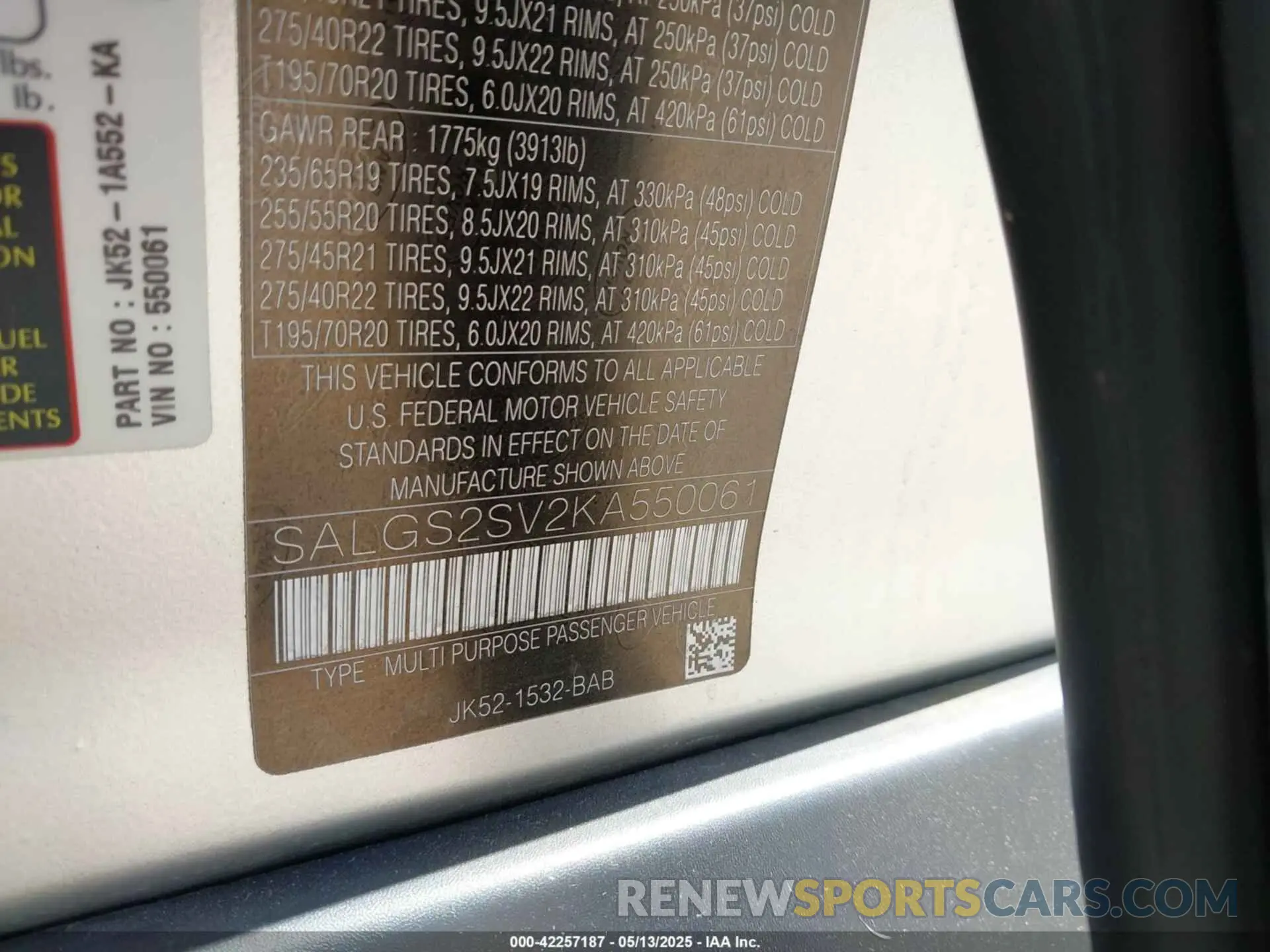 9 Фотография поврежденного автомобиля SALGS2SV2KA550061 LAND ROVER RANGE ROVER 2019