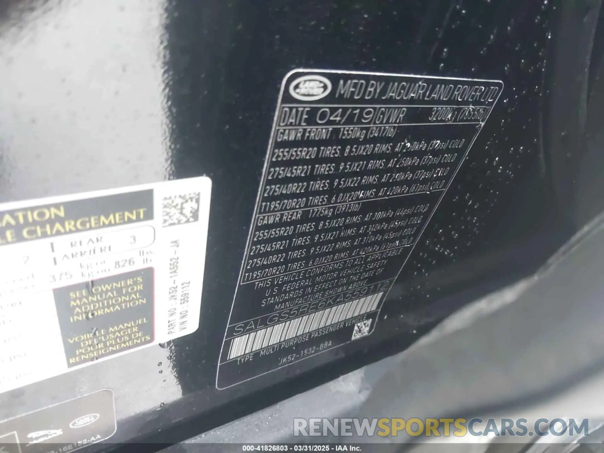 9 Photograph of a damaged car SALGS5RE6KA559112 LAND ROVER RANGE ROVER 2019