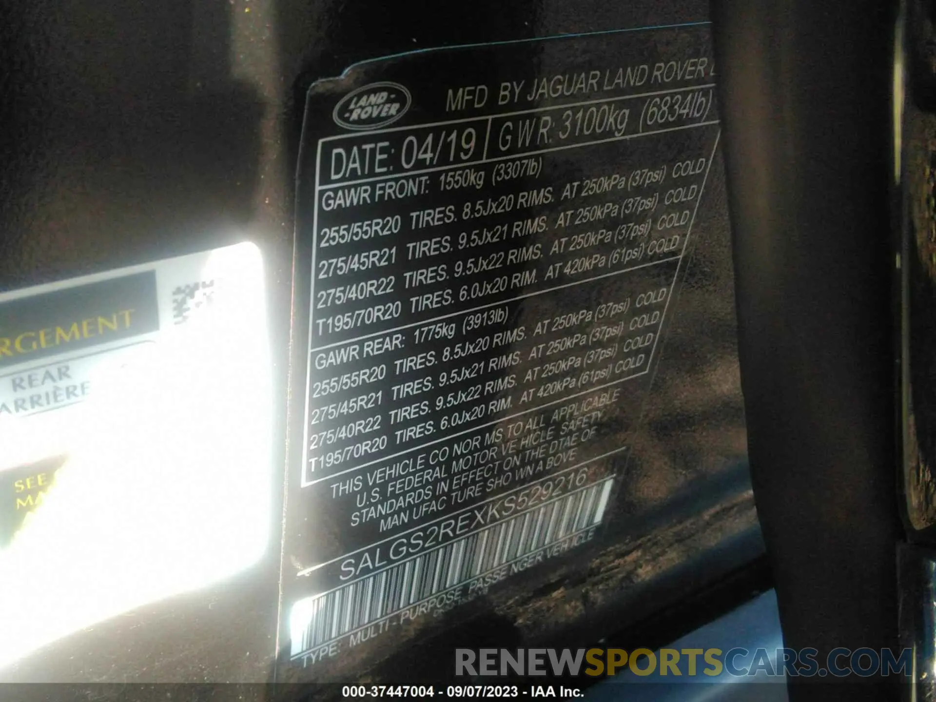 9 Photograph of a damaged car SALGS5REXKA529112 LAND ROVER RANGE ROVER 2019