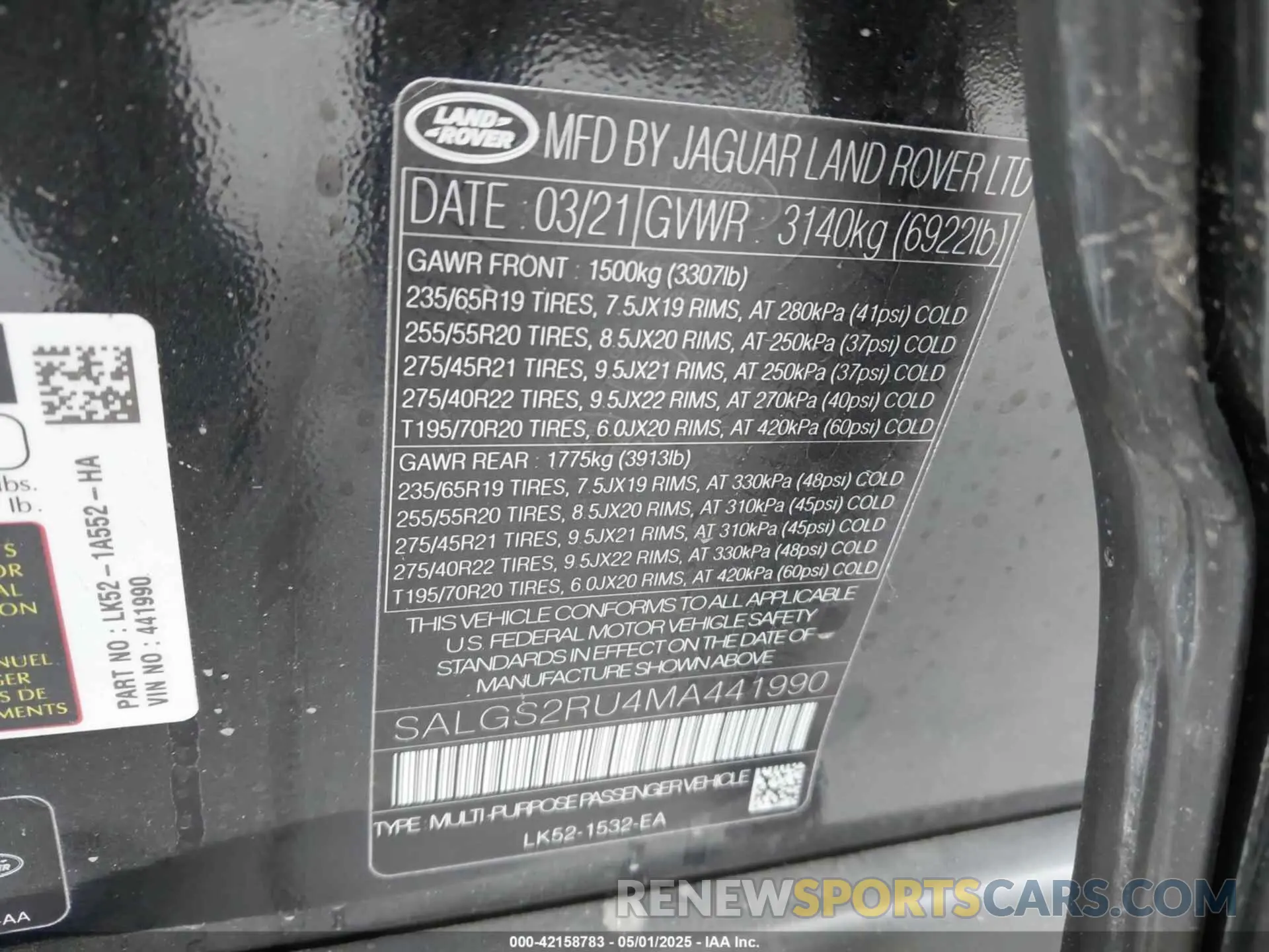 9 Photograph of a damaged car SALGS2RU4MA441990 LAND ROVER RANGE ROVER 2021