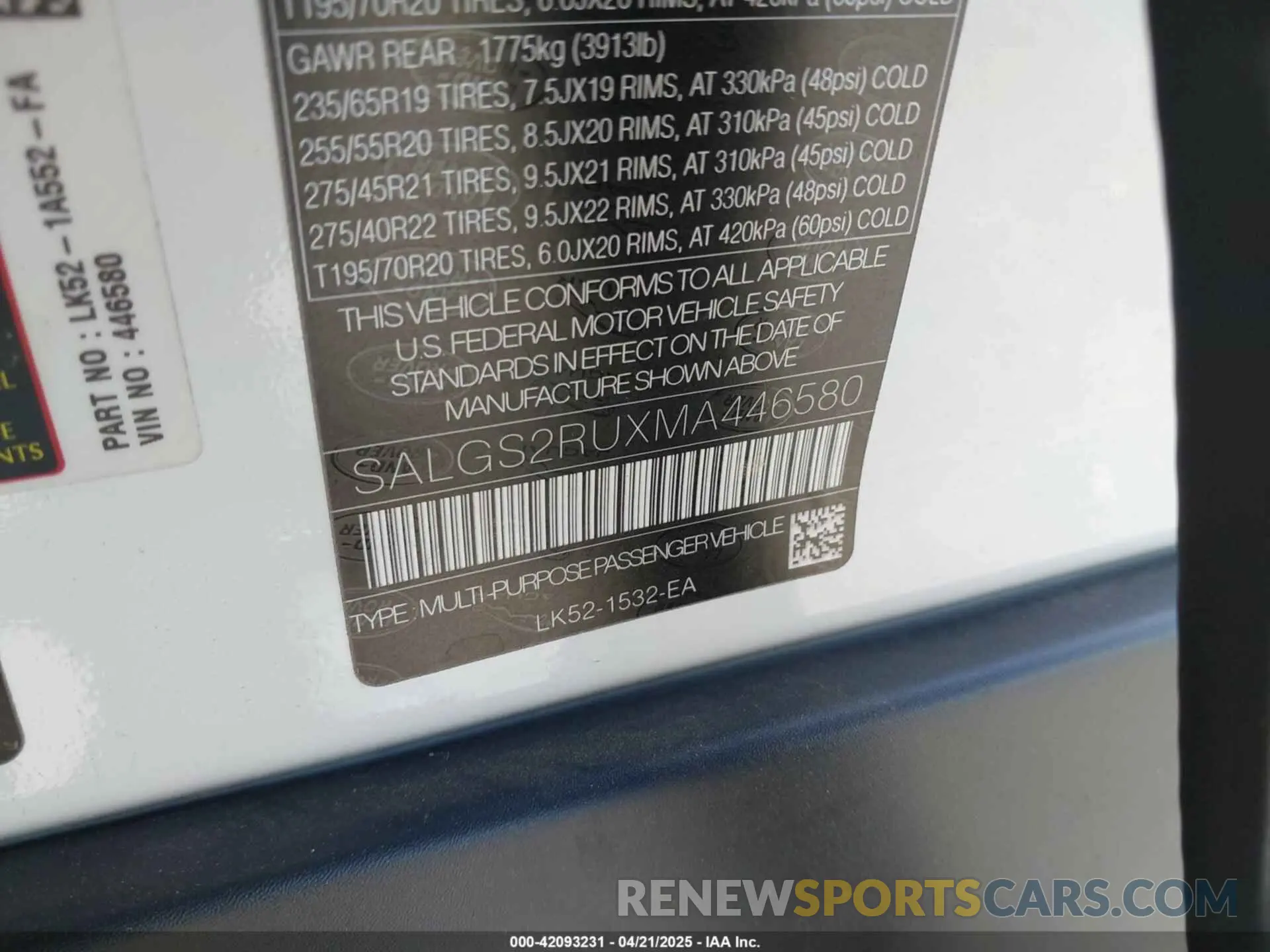 9 Photograph of a damaged car SALGS2RUXMA446580 LAND ROVER RANGE ROVER 2021