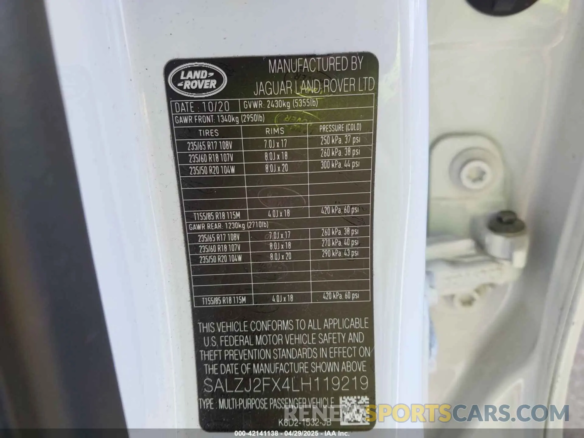 9 Фотография поврежденного автомобиля SALZJ2FX4LH119219 LAND ROVER RANGE ROVER EVOQUE 2020