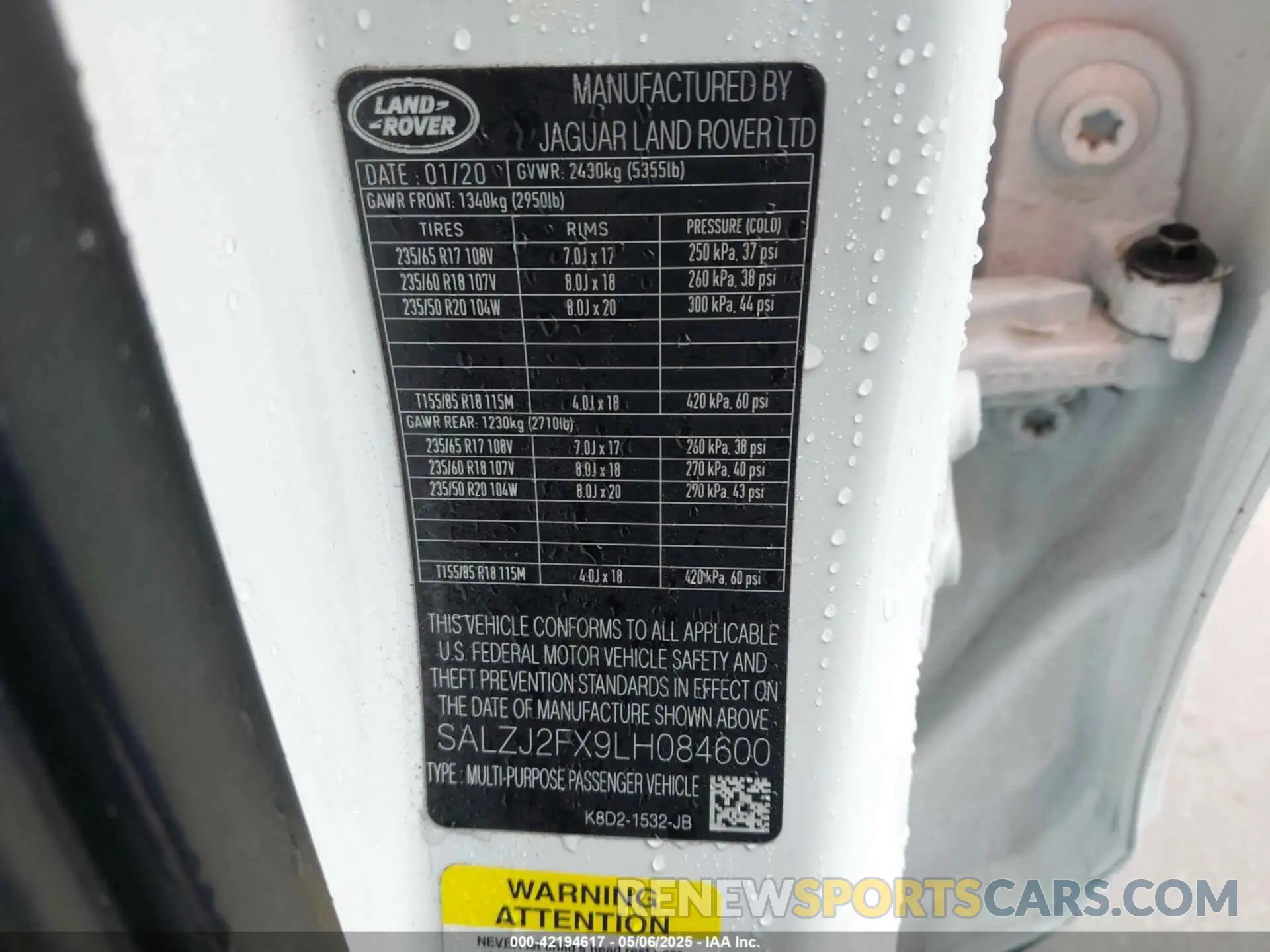 9 Фотография поврежденного автомобиля SALZJ2FX9LH084600 LAND ROVER RANGE ROVER EVOQUE 2020