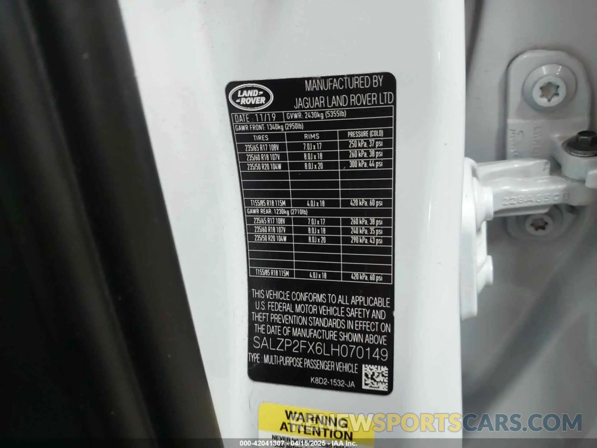 9 Фотография поврежденного автомобиля SALZP2FX6LH070149 LAND ROVER RANGE ROVER EVOQUE 2020