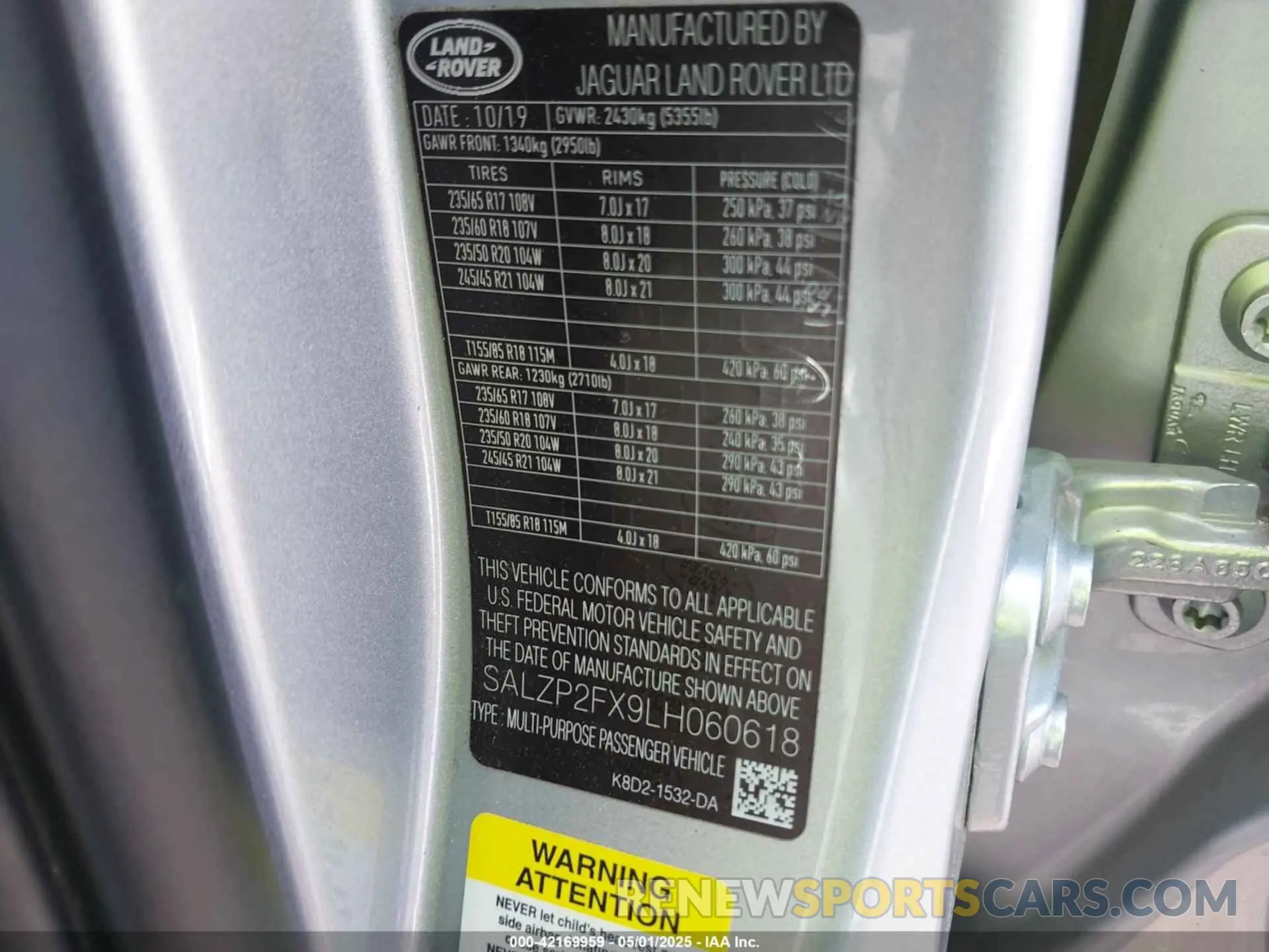 9 Фотография поврежденного автомобиля SALZP2FX9LH060618 LAND ROVER RANGE ROVER EVOQUE 2020