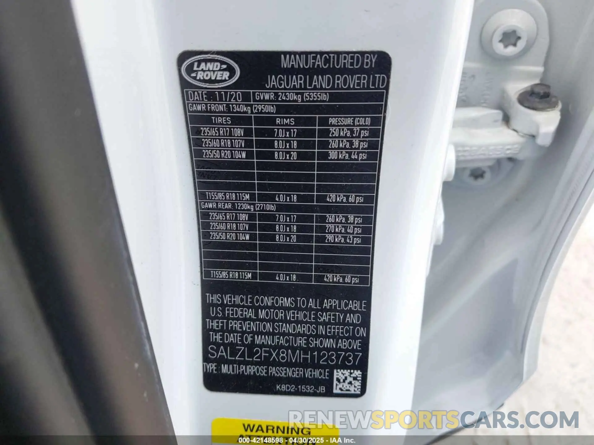 9 Фотография поврежденного автомобиля SALZL2FX8MH123737 LAND ROVER RANGE ROVER EVOQUE 2021
