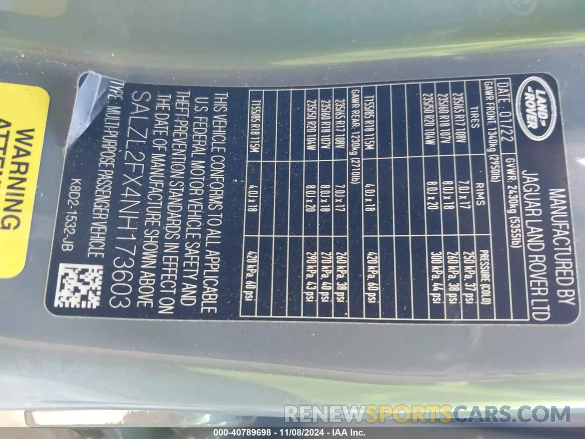 9 Photograph of a damaged car SALZL2FX4NH173603 LAND ROVER RANGE ROVER EVOQUE 2022