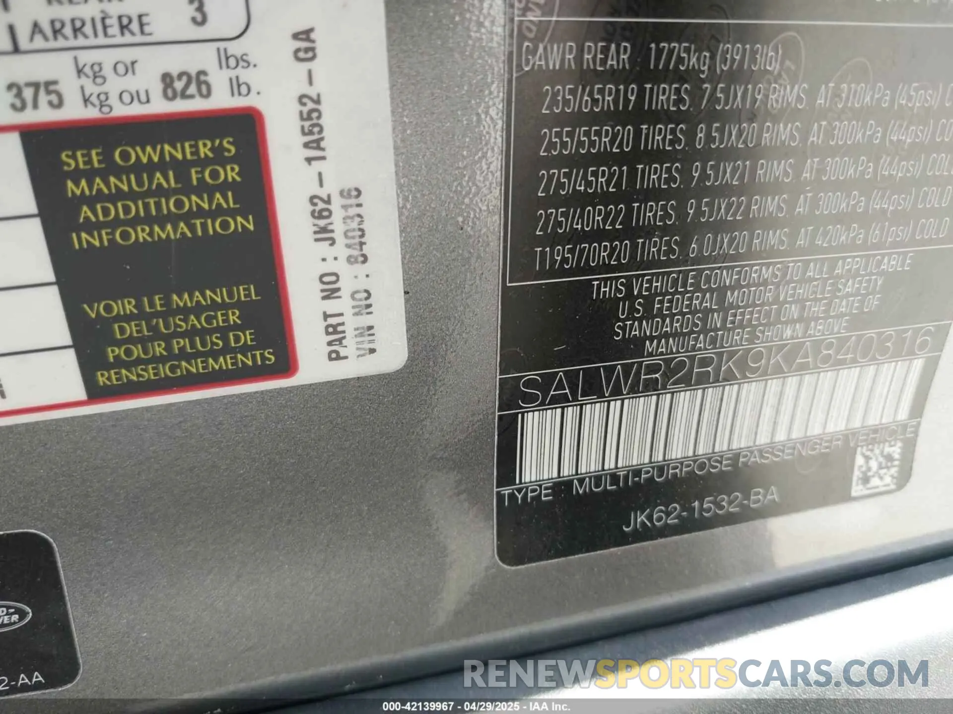 9 Photograph of a damaged car SALWR2RK9KA840316 LAND ROVER RANGE ROVER SPORT 2019