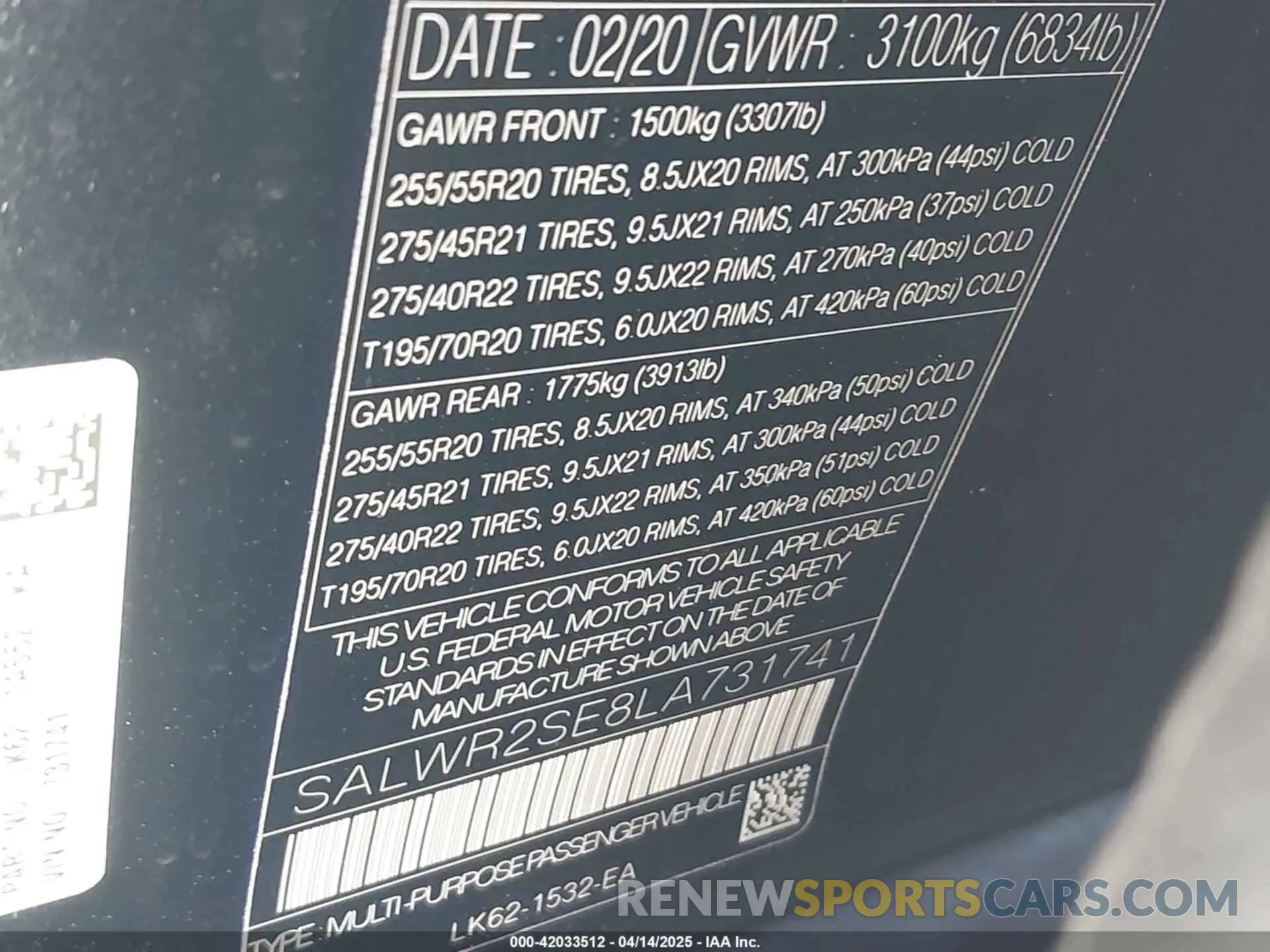 9 Photograph of a damaged car SALWR2SE8LA731741 LAND ROVER RANGE ROVER SPORT 2020