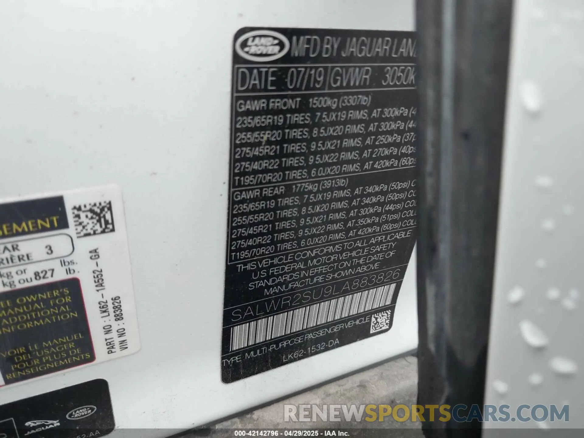 9 Фотография поврежденного автомобиля SALWR2SU9LA883826 LAND ROVER RANGE ROVER SPORT 2020