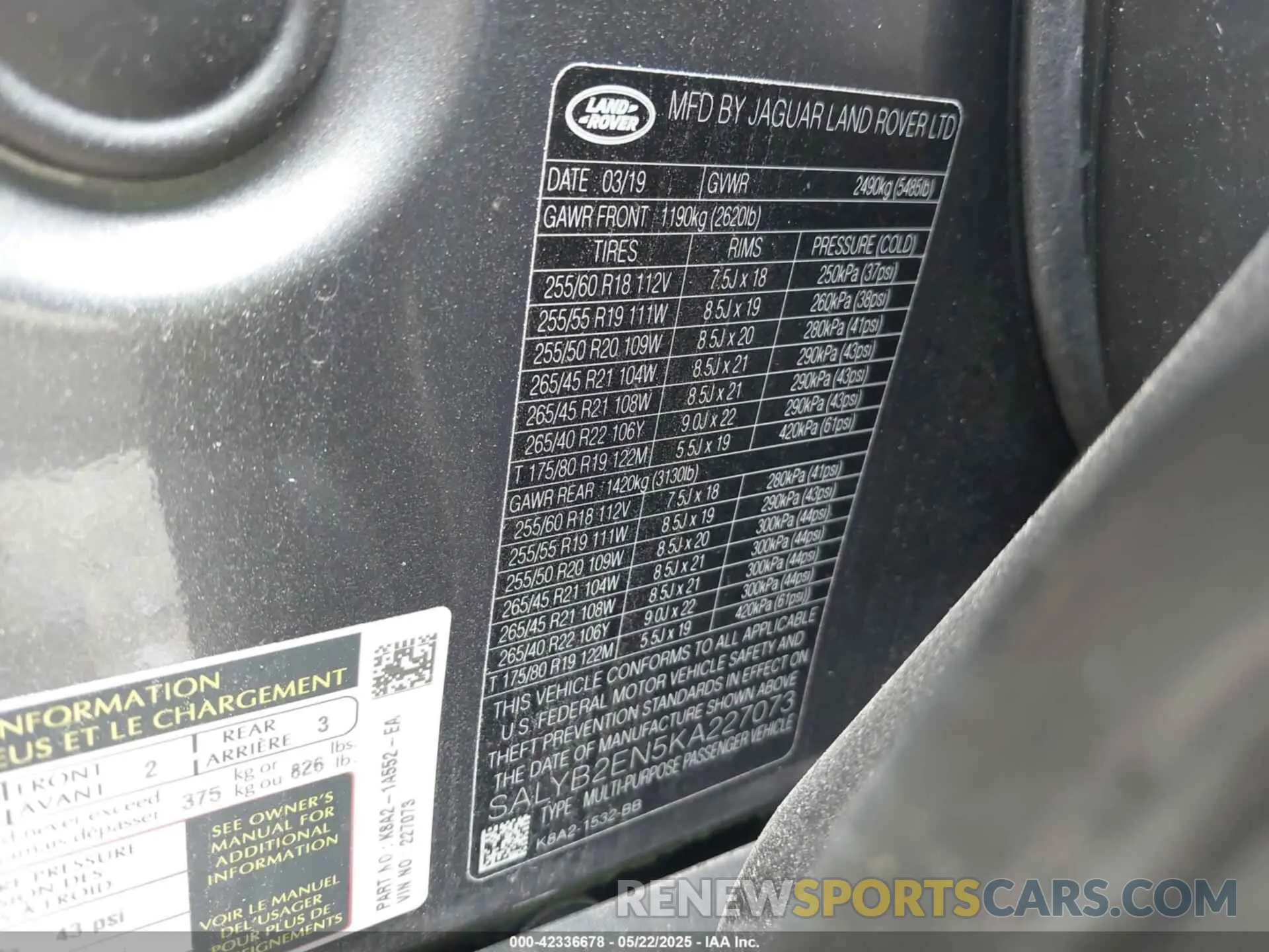 9 Photograph of a damaged car SALYB2EN5KA227073 LAND ROVER RANGE ROVER VELAR 2019
