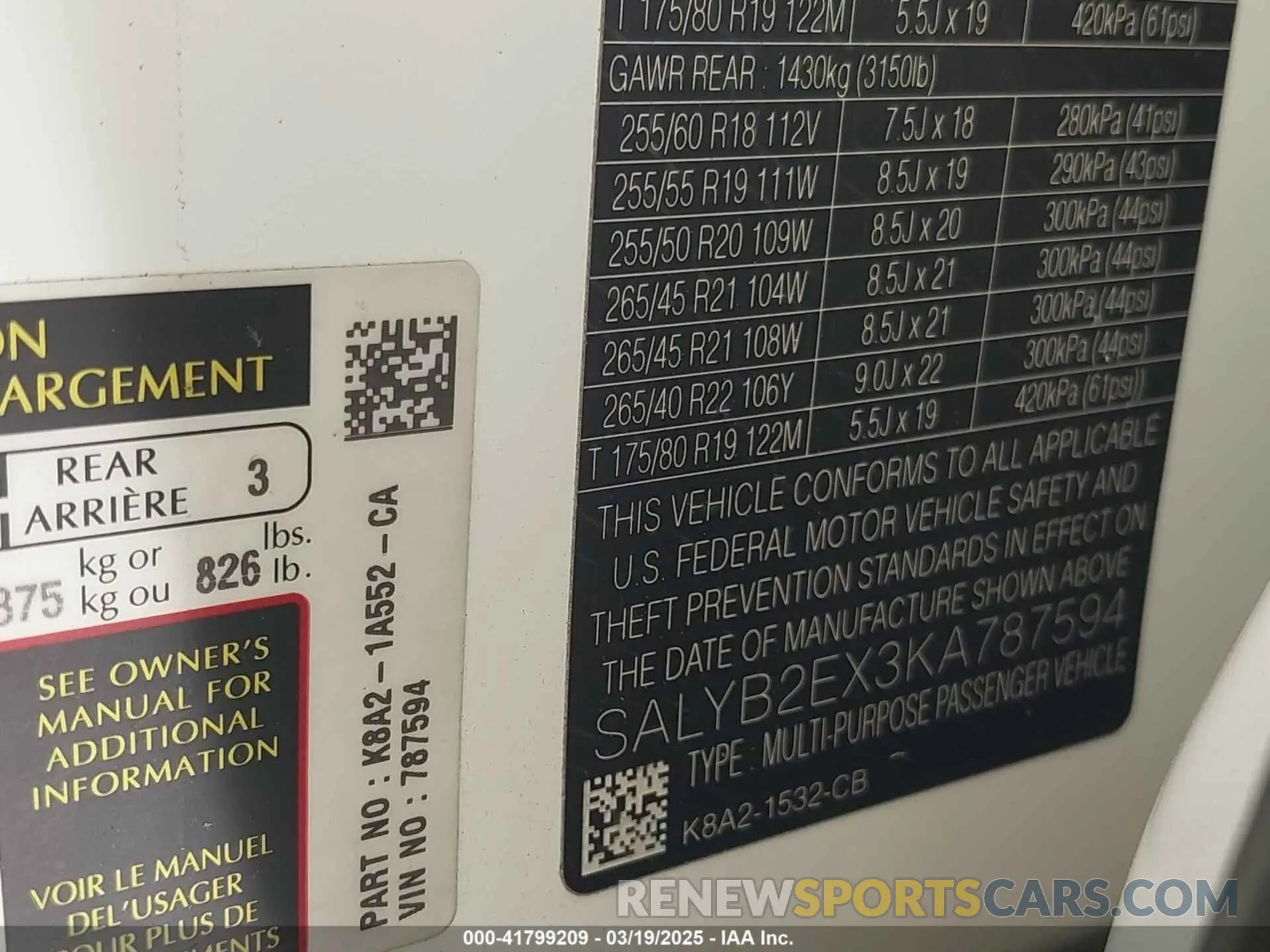 9 Photograph of a damaged car SALYB2EX3KA787594 LAND ROVER RANGE ROVER VELAR 2019