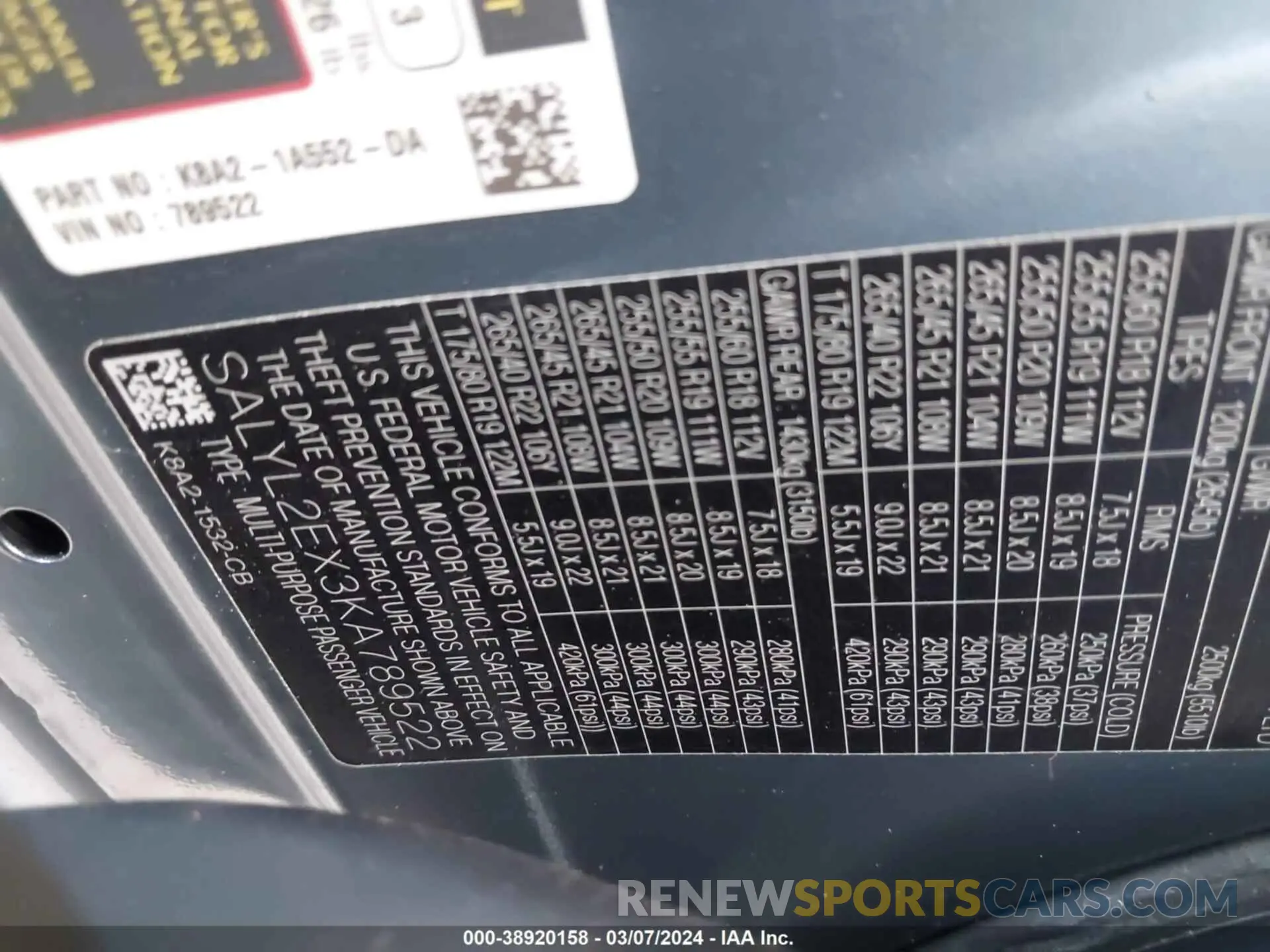 9 Photograph of a damaged car SALYL2EX3KA789522 LAND ROVER RANGE ROVER VELAR 2019