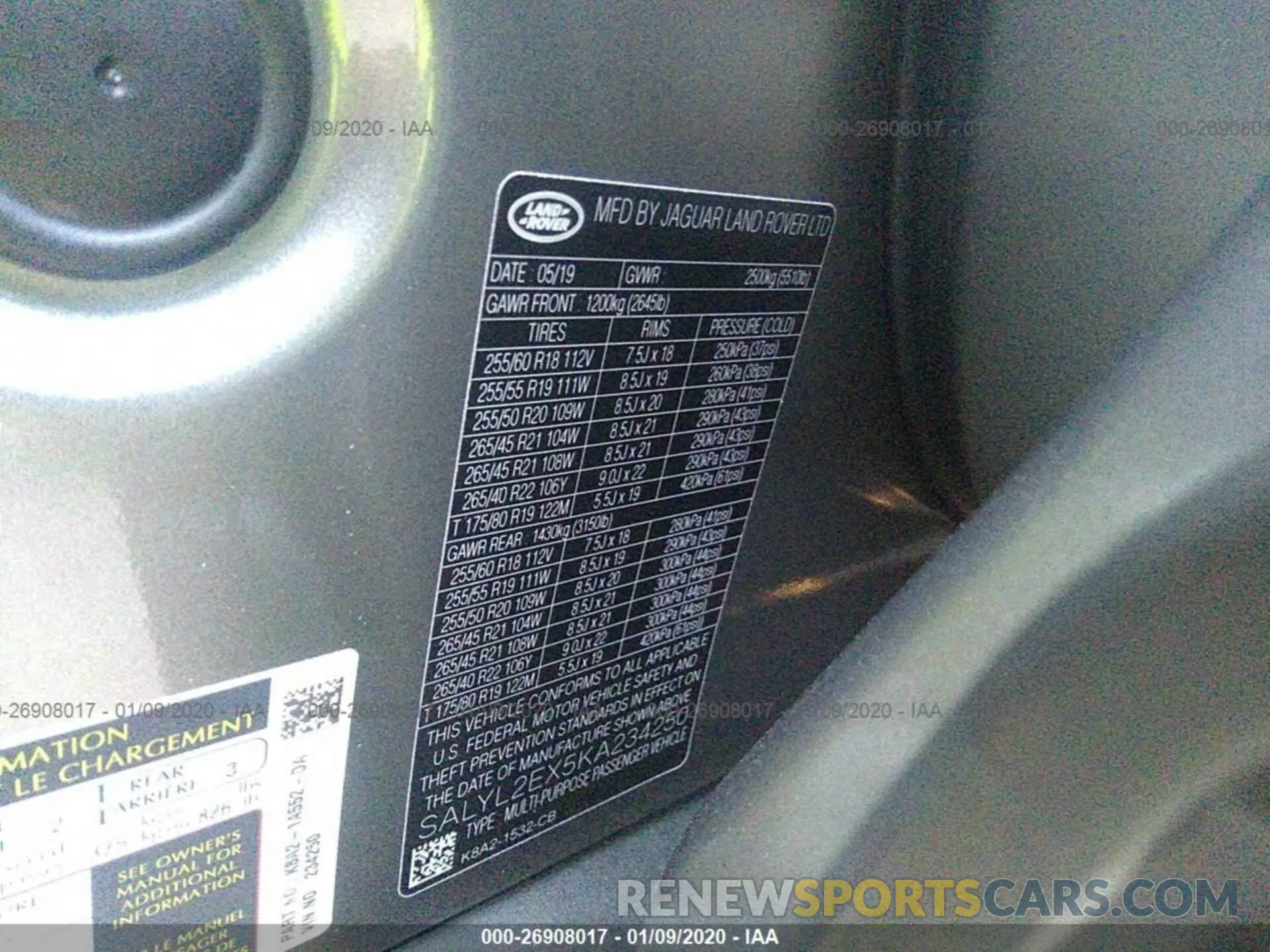 9 Photograph of a damaged car SALYL2EX5KA234250 LAND ROVER RANGE ROVER VELAR 2019
