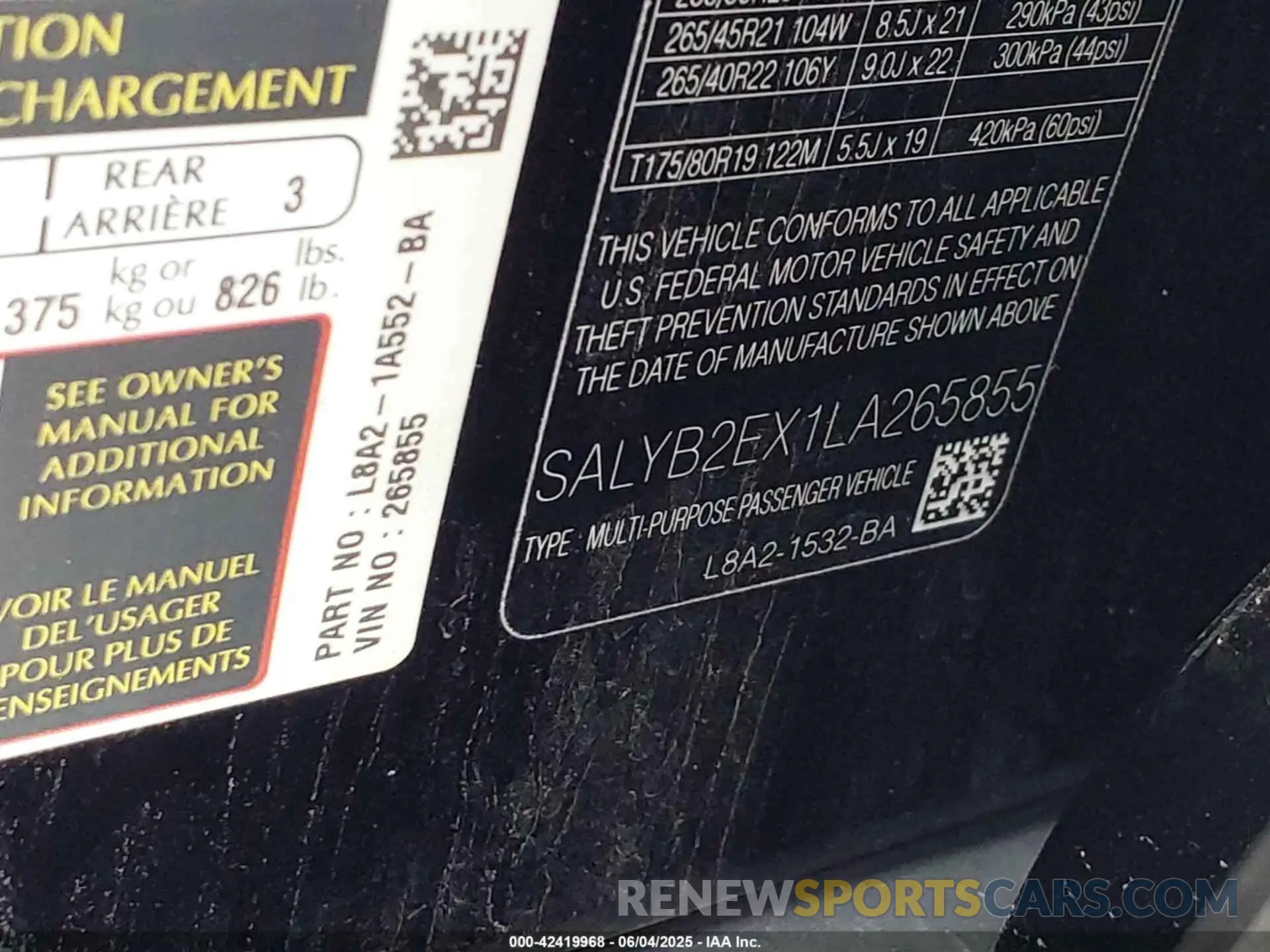 9 Photograph of a damaged car SALYB2EX1LA265855 LAND ROVER RANGE ROVER VELAR 2020