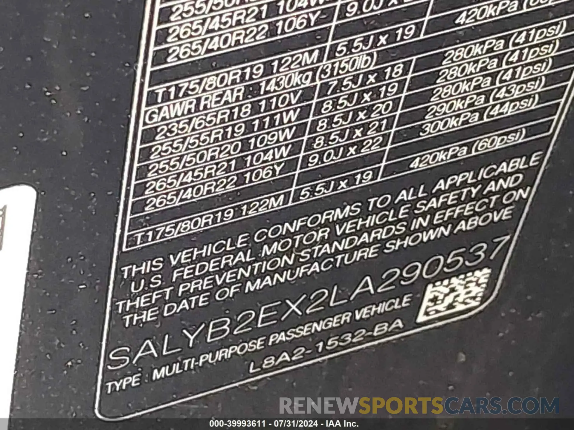 9 Photograph of a damaged car SALYB2EX2LA290537 LAND ROVER RANGE ROVER VELAR 2020