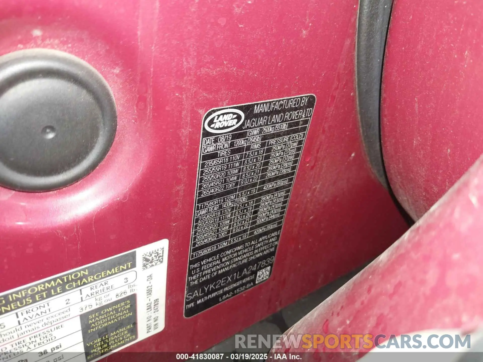 9 Photograph of a damaged car SALYK2EX1LA247839 LAND ROVER RANGE ROVER VELAR 2020
