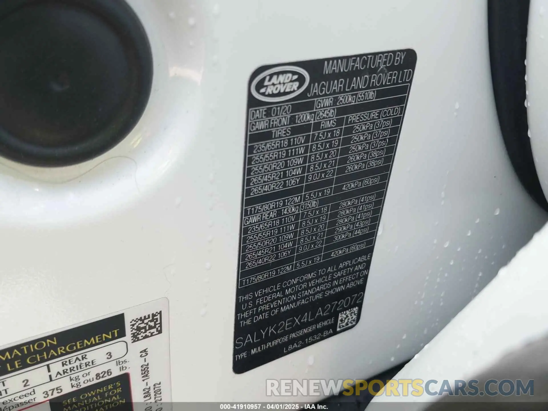 11 Photograph of a damaged car SALYK2EX4LA272072 LAND ROVER RANGE ROVER VELAR 2020