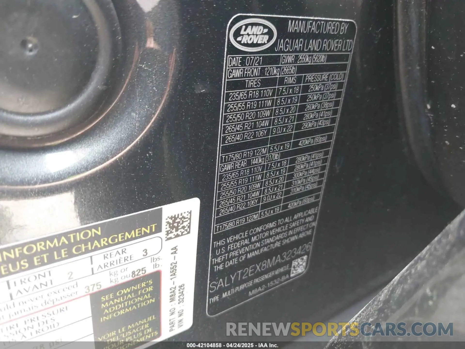 9 Фотография поврежденного автомобиля SALYT2EX8MA323426 LAND ROVER RANGE ROVER VELAR 2021