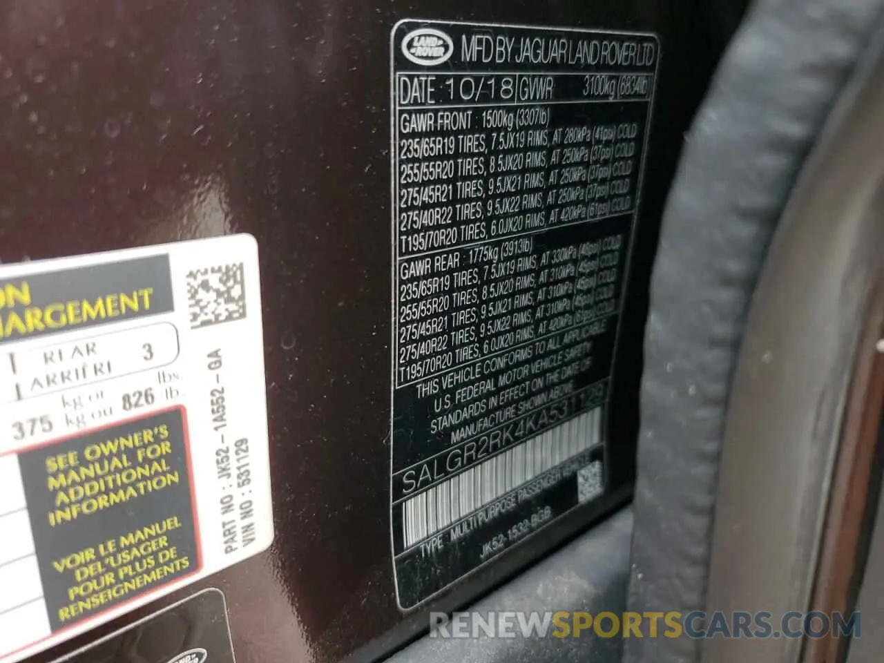 12 Photograph of a damaged car SALGR2RK4KA531129 LAND ROVER RANGEROVER 2019