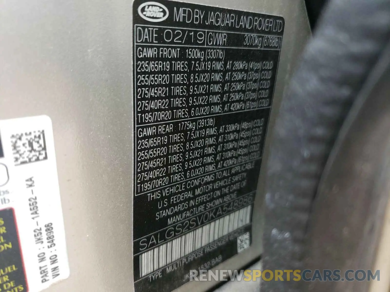 10 Photograph of a damaged car SALGS2SV0KA548986 LAND ROVER RANGEROVER 2019