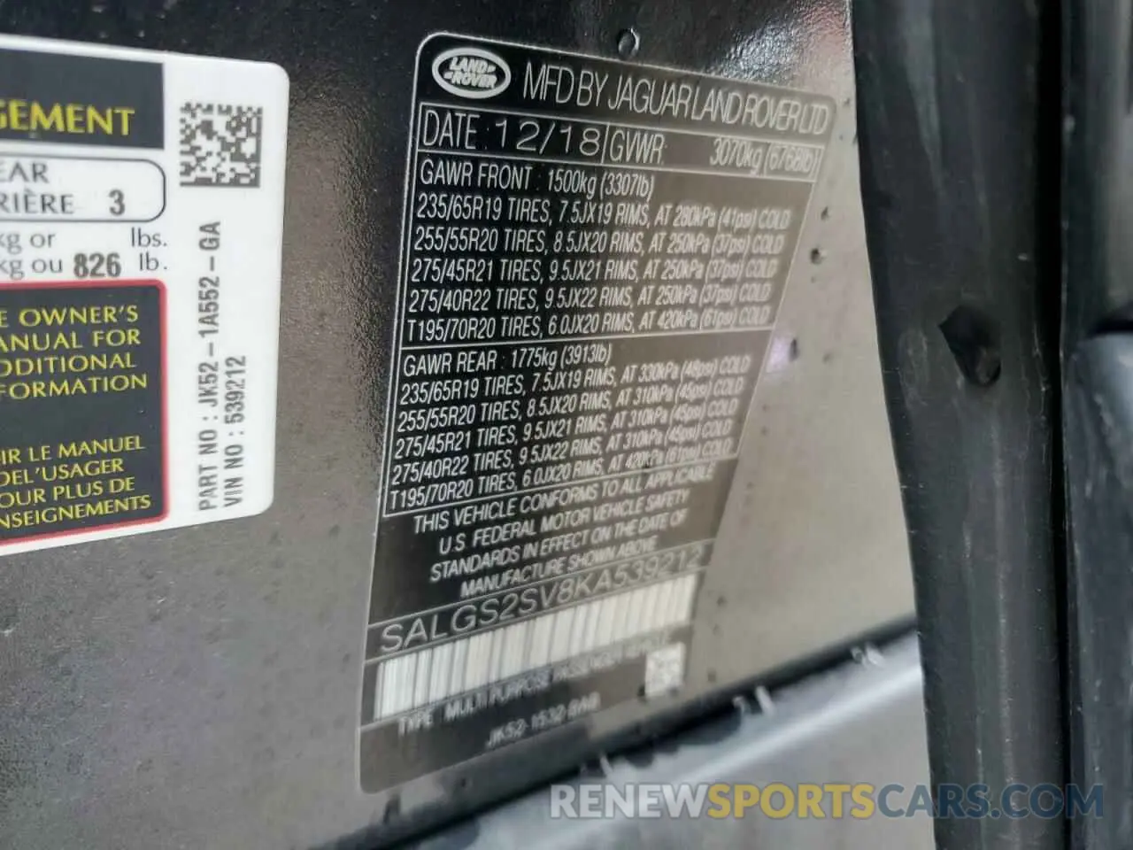 12 Photograph of a damaged car SALGS2SV8KA539212 LAND ROVER RANGEROVER 2019