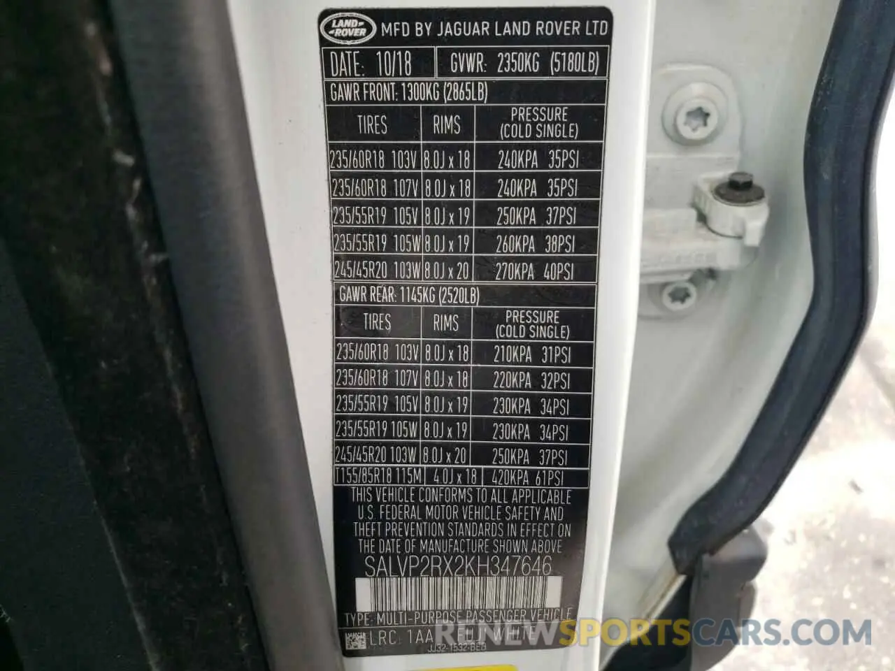 16 Photograph of a damaged car SALVP2RX2KH347646 LAND ROVER RANGEROVER 2019
