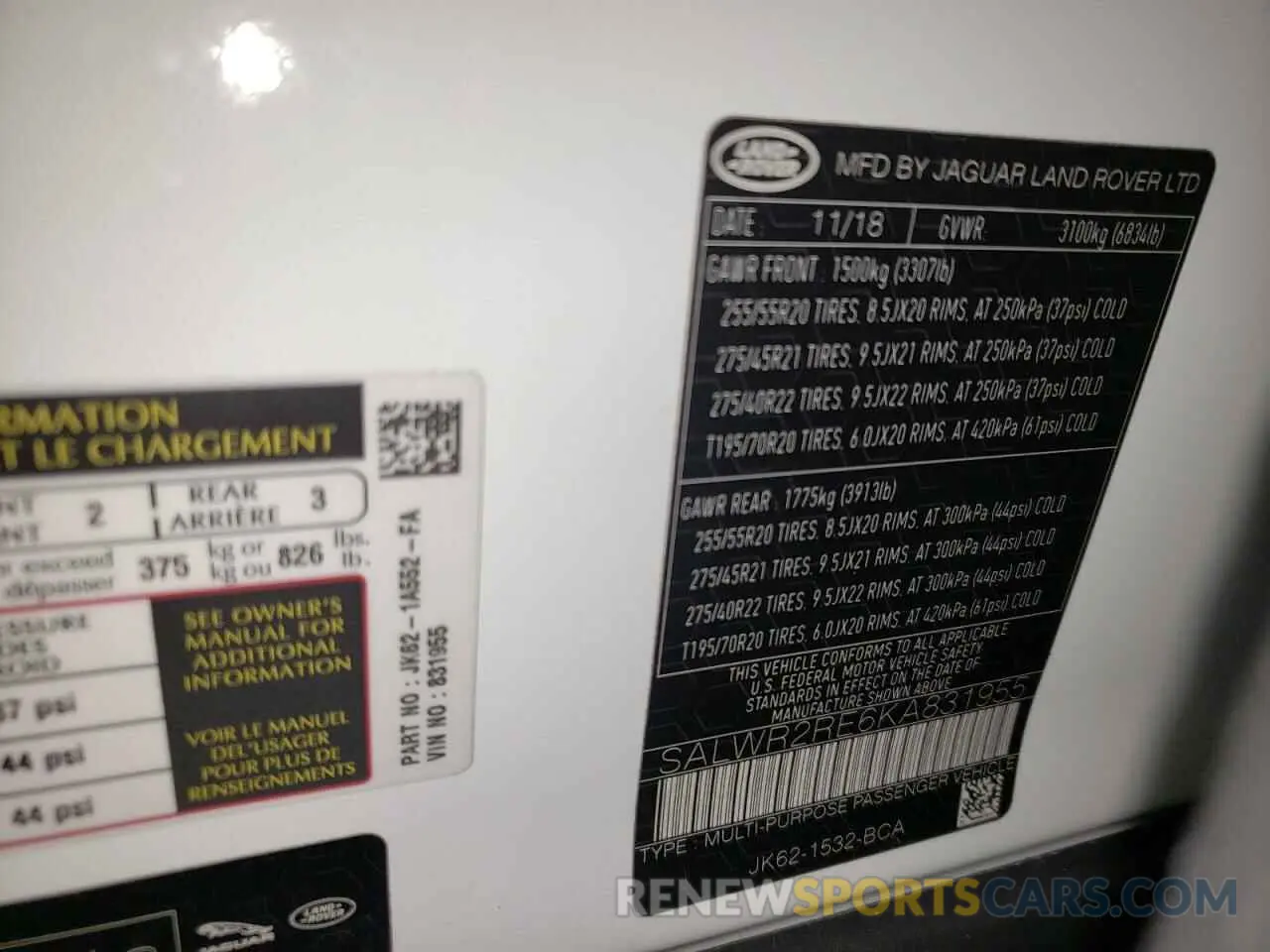 10 Photograph of a damaged car SALWR2RE6KA831955 LAND ROVER RANGEROVER 2019