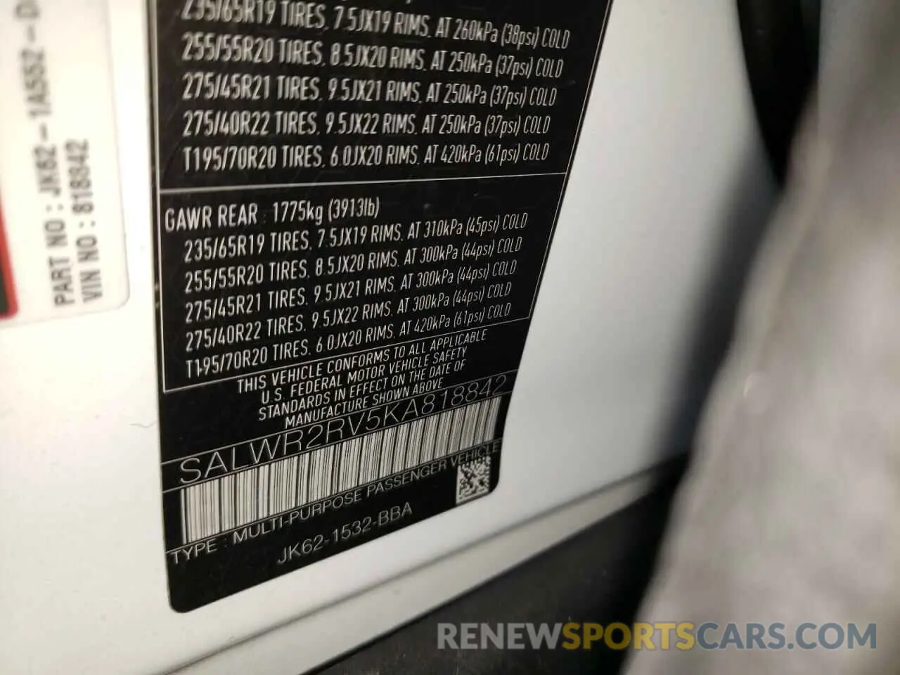 10 Фотография поврежденного автомобиля SALWR2RV5KA818842 LAND ROVER RANGEROVER 2019
