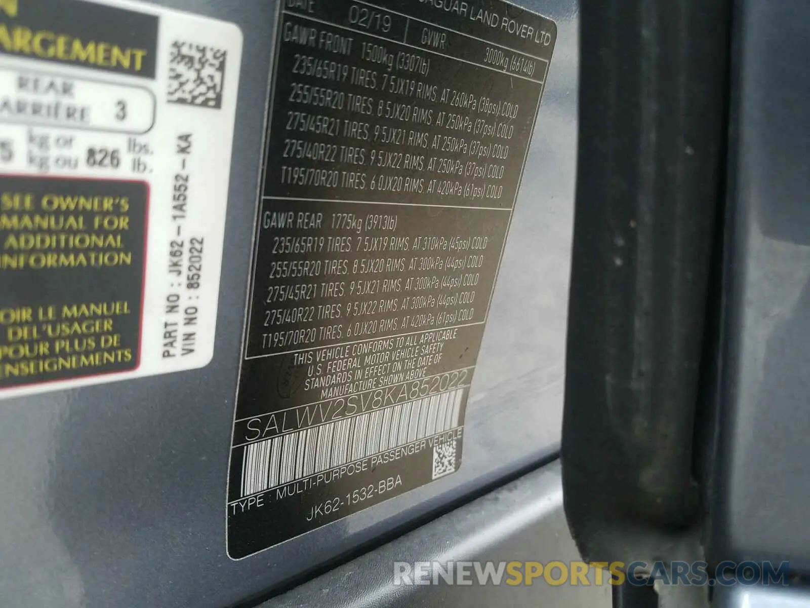 10 Photograph of a damaged car SALWV2SV8KA852022 LAND ROVER RANGEROVER 2019