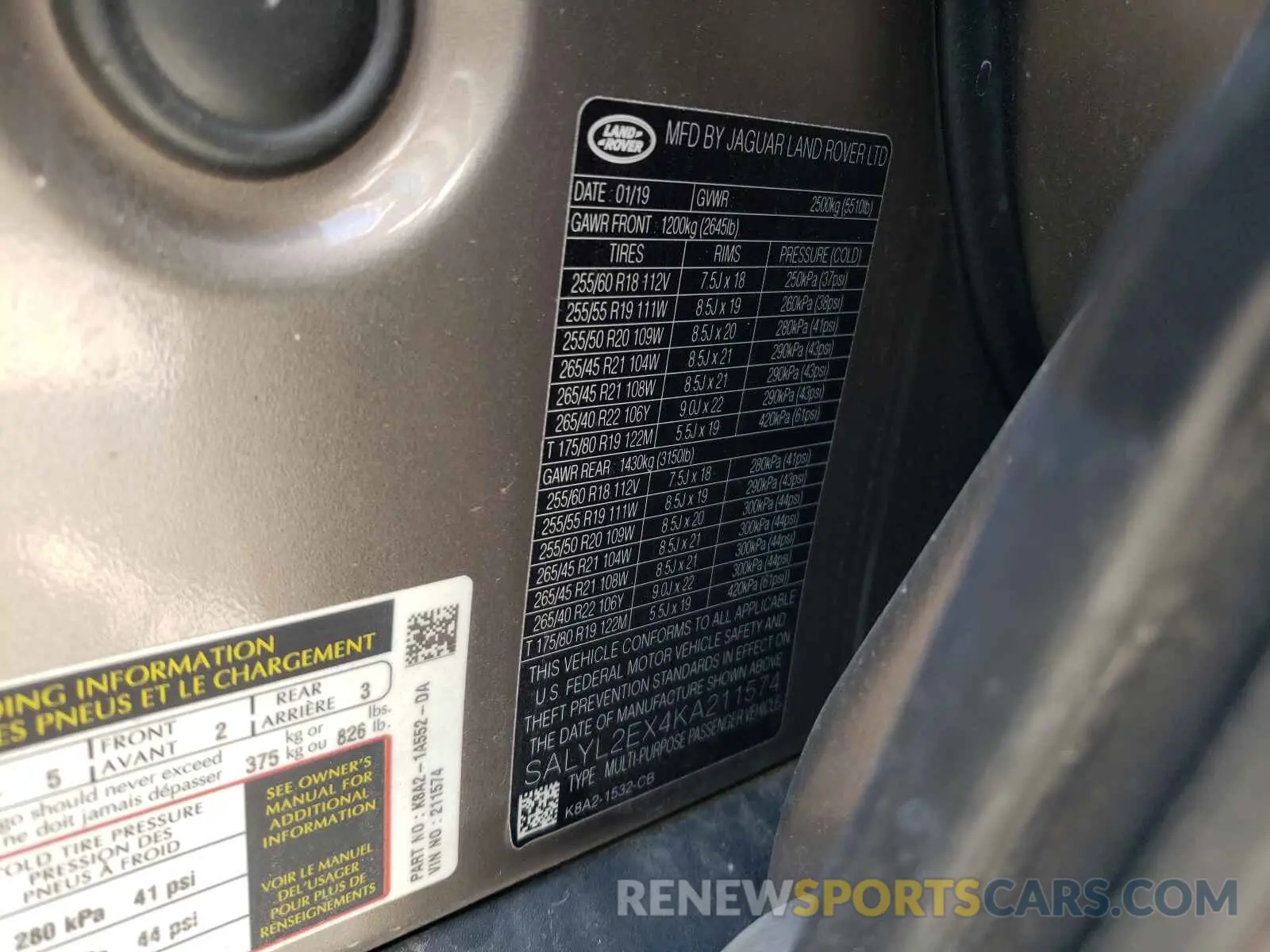 10 Фотография поврежденного автомобиля SALYL2EX4KA211574 LAND ROVER RANGEROVER 2019