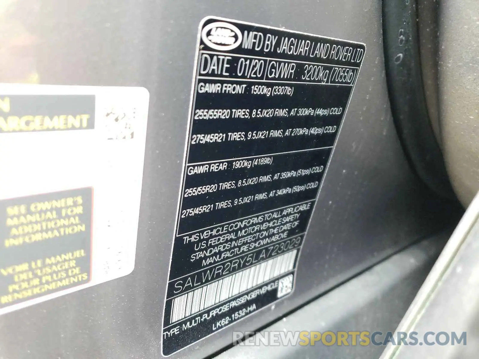 10 Photograph of a damaged car SALWR2RY5LA723029 LAND ROVER RANGEROVER 2020