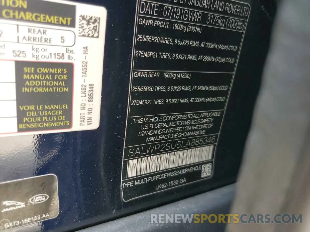13 Photograph of a damaged car SALWR2SU5LA885346 LAND ROVER RANGEROVER 2020