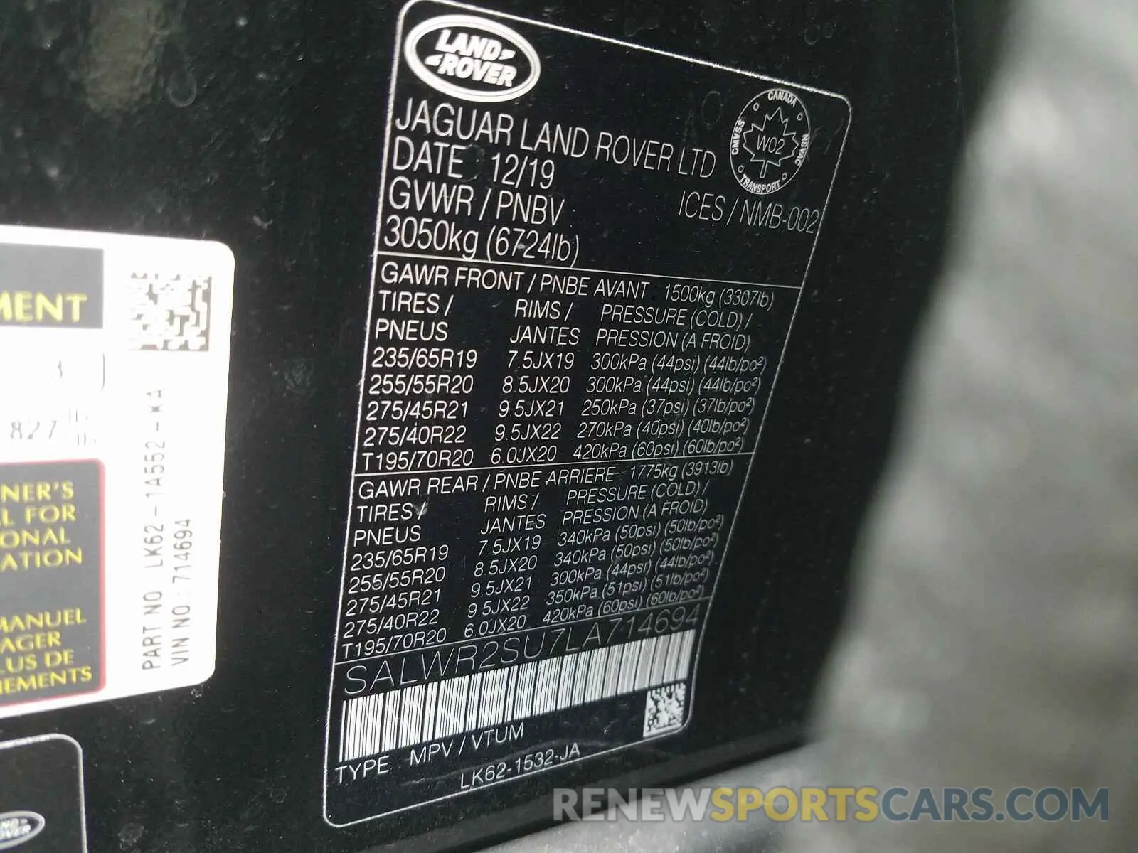 10 Photograph of a damaged car SALWR2SU7LA714694 LAND ROVER RANGEROVER 2020