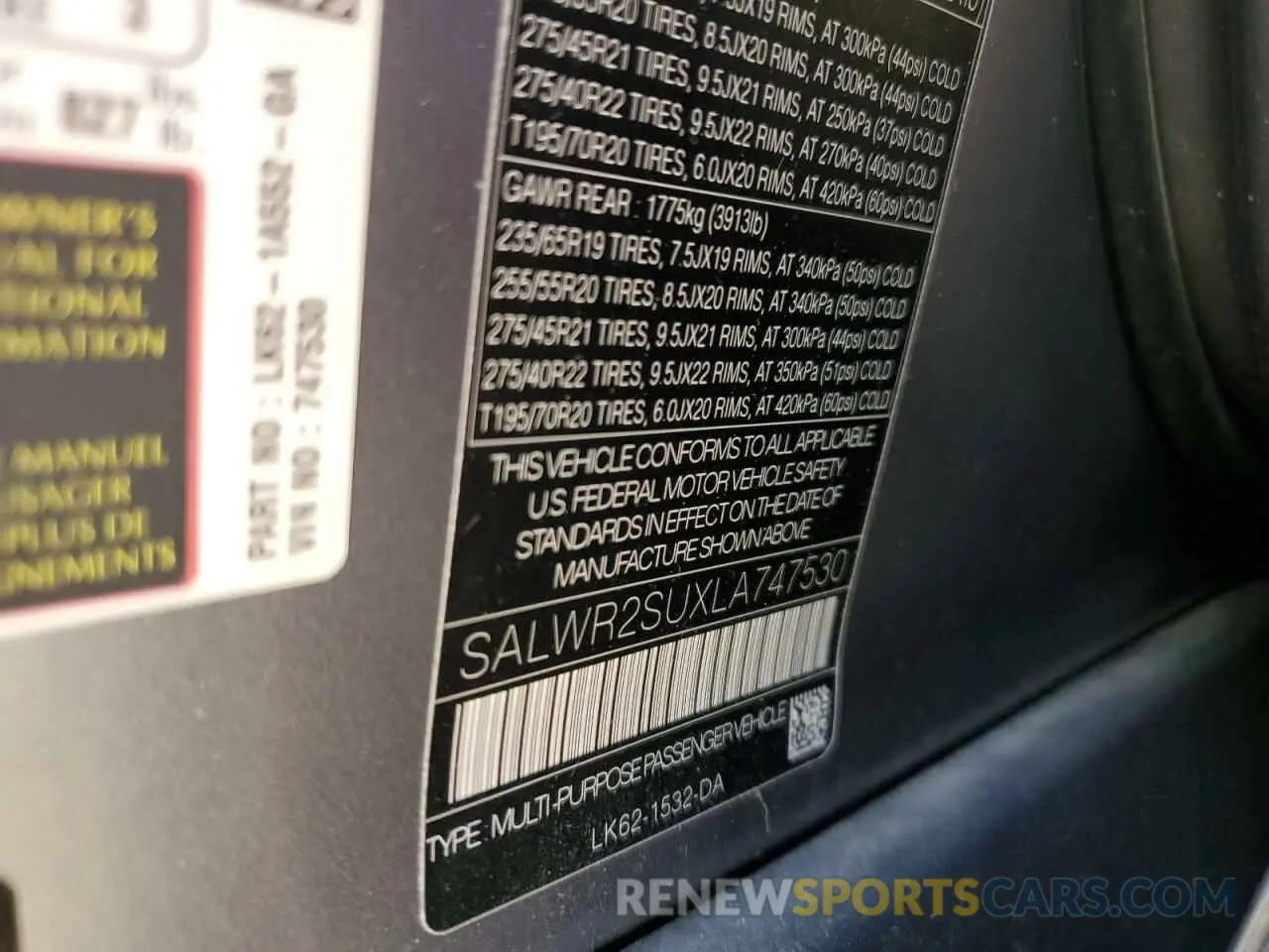 13 Photograph of a damaged car SALWR2SUXLA747530 LAND ROVER RANGEROVER 2020