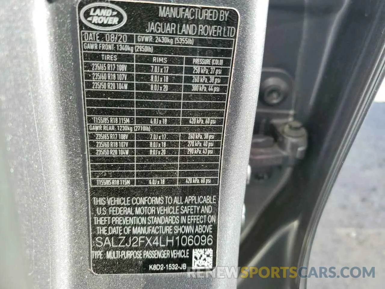13 Фотография поврежденного автомобиля SALZJ2FX4LH106096 LAND ROVER RANGEROVER 2020