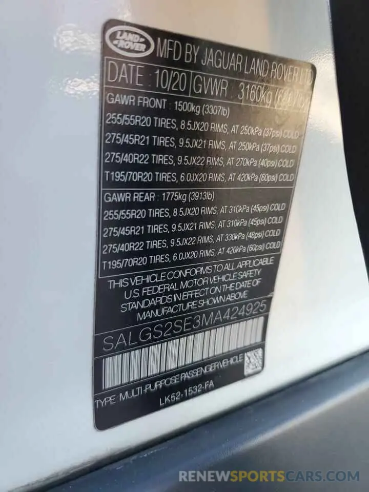 13 Photograph of a damaged car SALGS2SE3MA424925 LAND ROVER RANGEROVER 2021