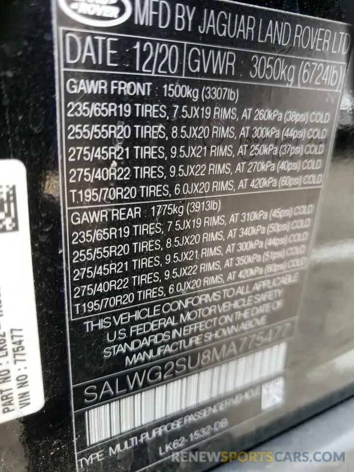 13 Фотография поврежденного автомобиля SALWG2SU8MA775477 LAND ROVER RANGEROVER 2021