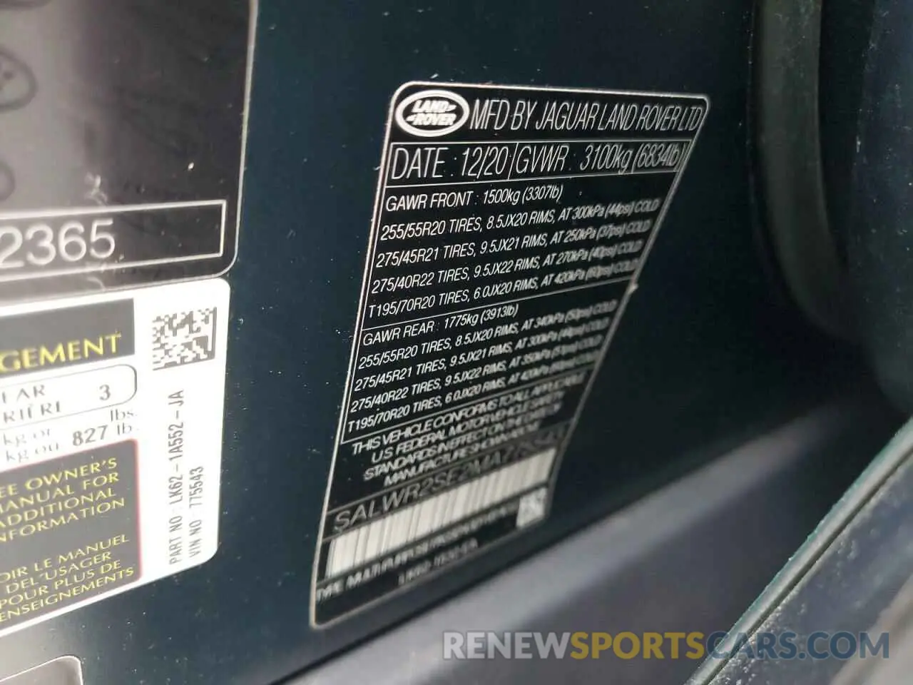 12 Фотография поврежденного автомобиля SALWR2SE2MA775543 LAND ROVER RANGEROVER 2021