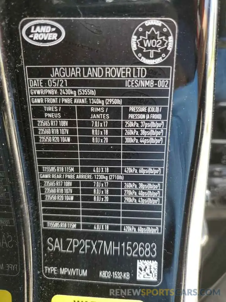 13 Фотография поврежденного автомобиля SALZP2FX7MH152683 LAND ROVER RANGEROVER 2021