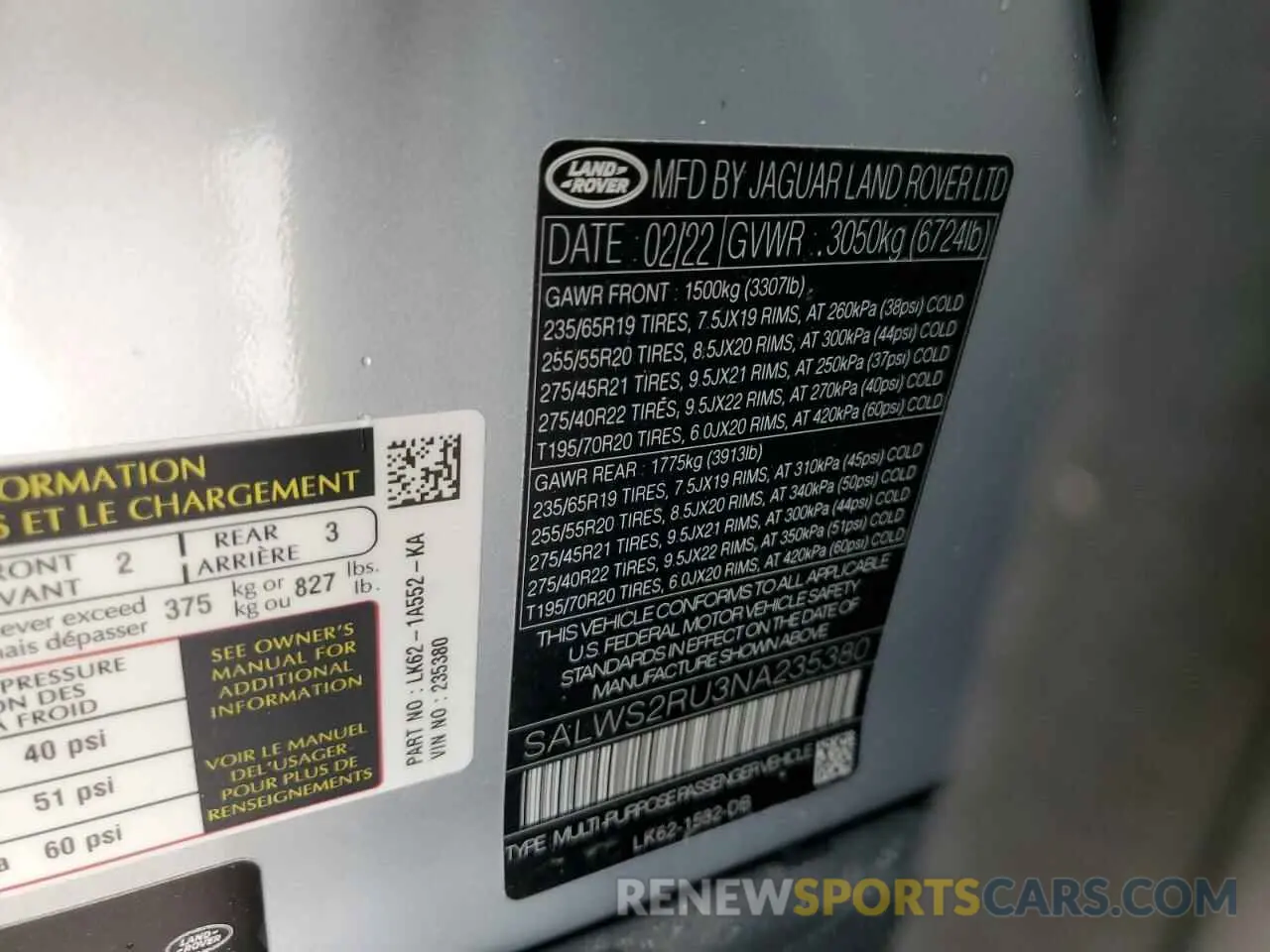 12 Фотография поврежденного автомобиля SALWS2RU3NA235380 LAND ROVER RANGEROVER 2022