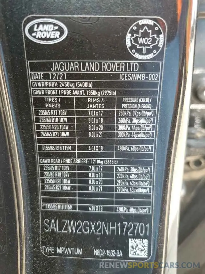 14 Фотография поврежденного автомобиля SALZW2GX2NH172701 LAND ROVER RANGEROVER 2022