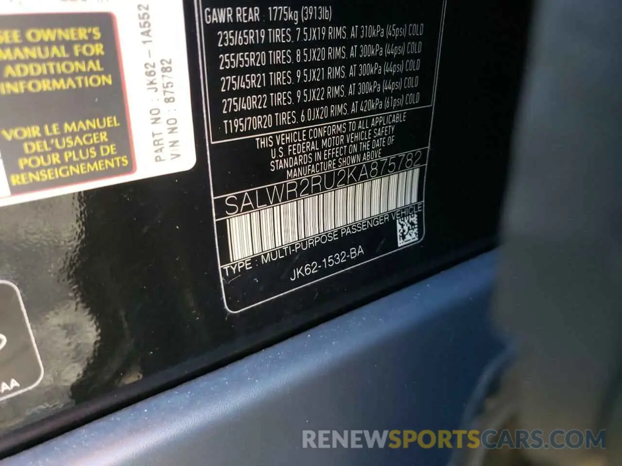 10 Photograph of a damaged car SALWR2RU2KA875782 LAND ROVER ROVERSPORT 2019
